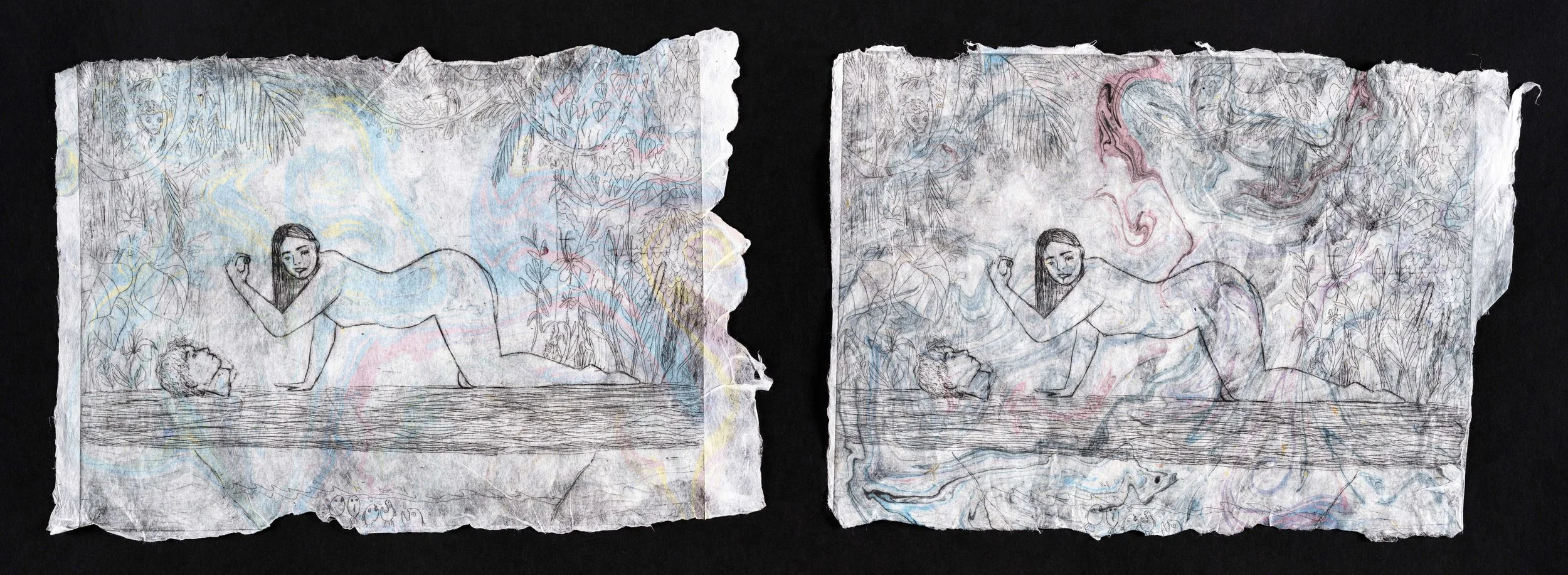 Siren'e Eye, Etching on Handmade Kozo Paper with Suminagashi. 2023