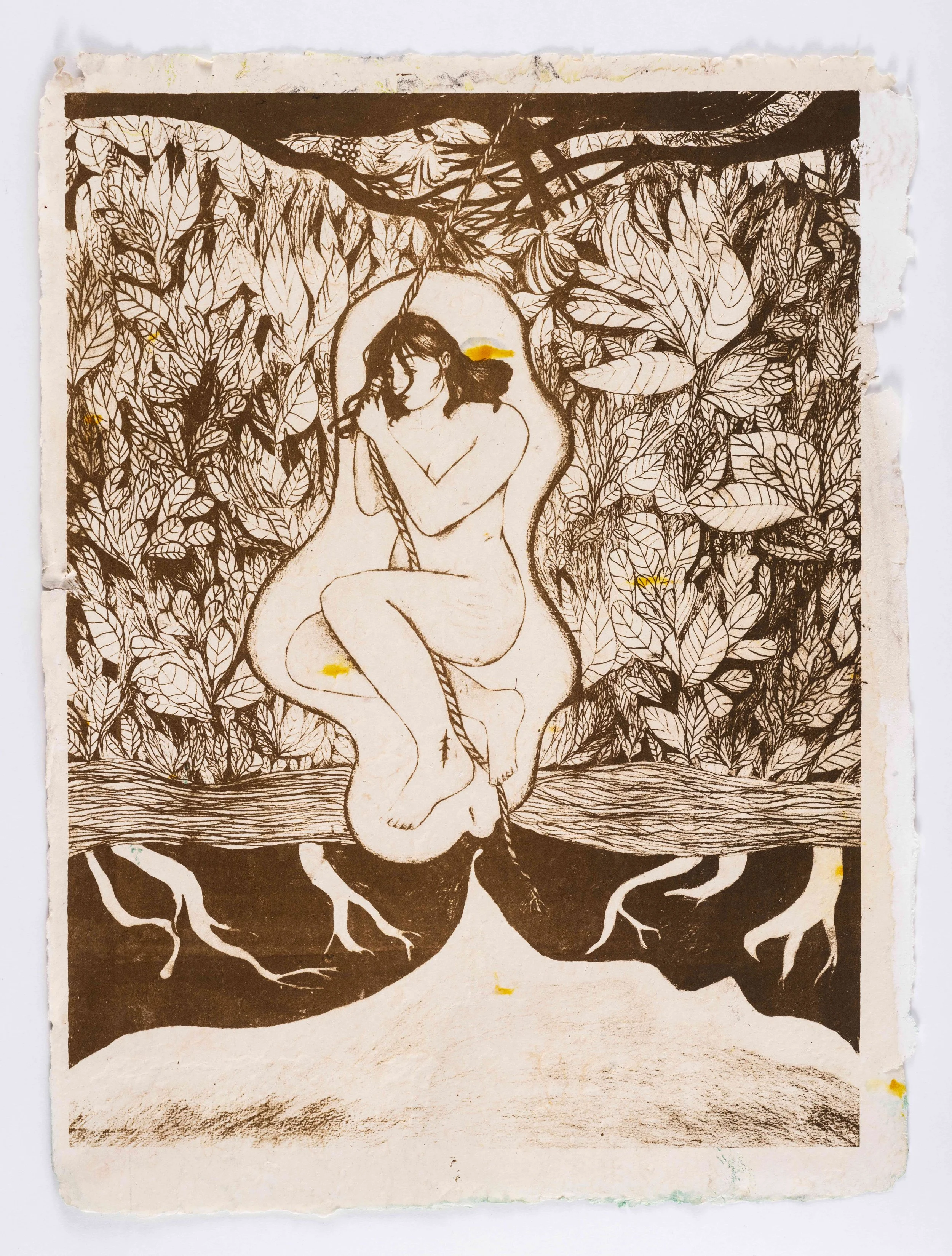 I will begin with a peach pit in my stomach., lithograph on handmade paper with flower inclusions. 2024