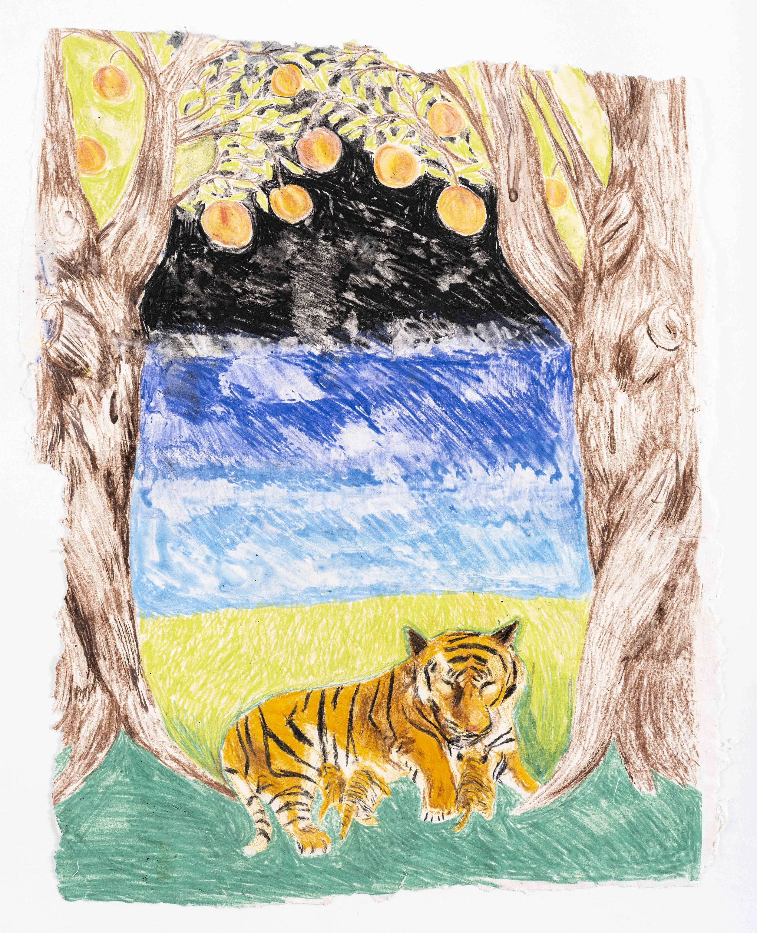 Under the Peach Tree, Monotype on Handmade Paper. 2024