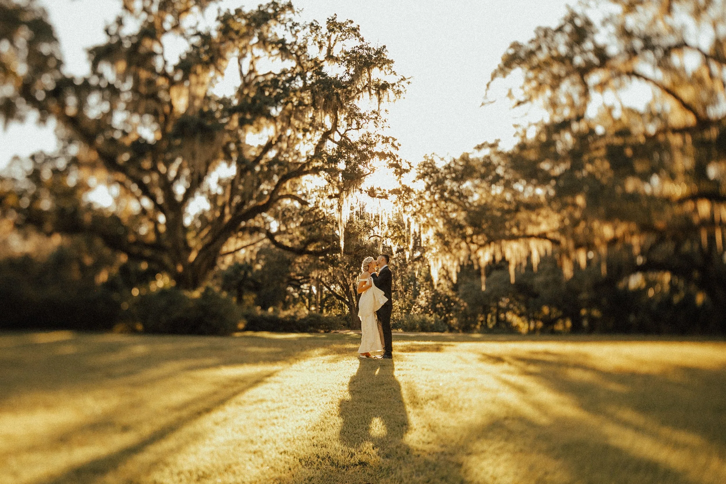 A couple in wedding attire standing close together outdoors during sunset, surrounded by large trees with hanging moss, casting long shadows on the grass.