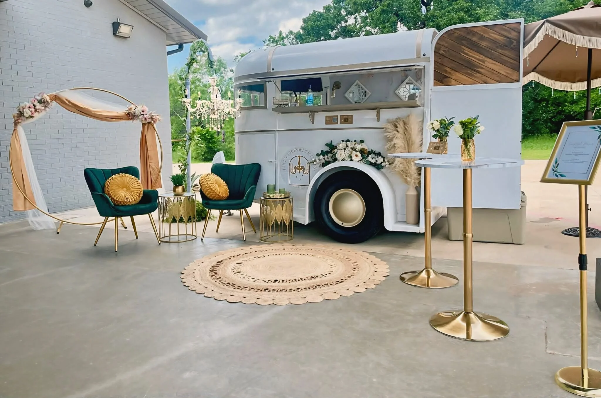 Lucky Chandelier Elixirs Bar Trailer Set Up