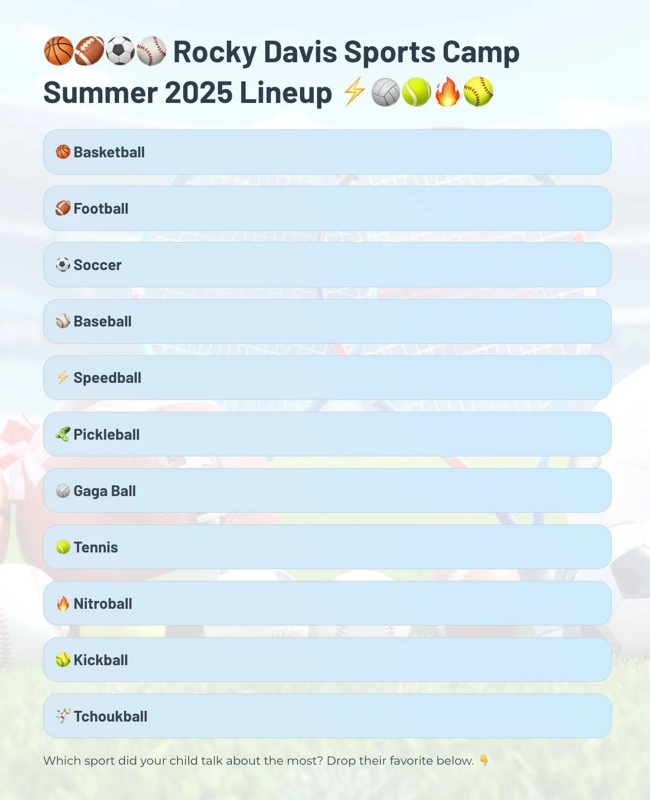 🎉 One Camp.
🏀 So Many Sports. 
✨ PLUS&hellip; Recess, Snack Breaks, Bingo Games, Sports Trivia, Cup Stacking, Bowling, Relays &amp; More!
💚 A summer full of smiles and memories.

#RockyDavisSportsCamp
#SeeYouIn2026