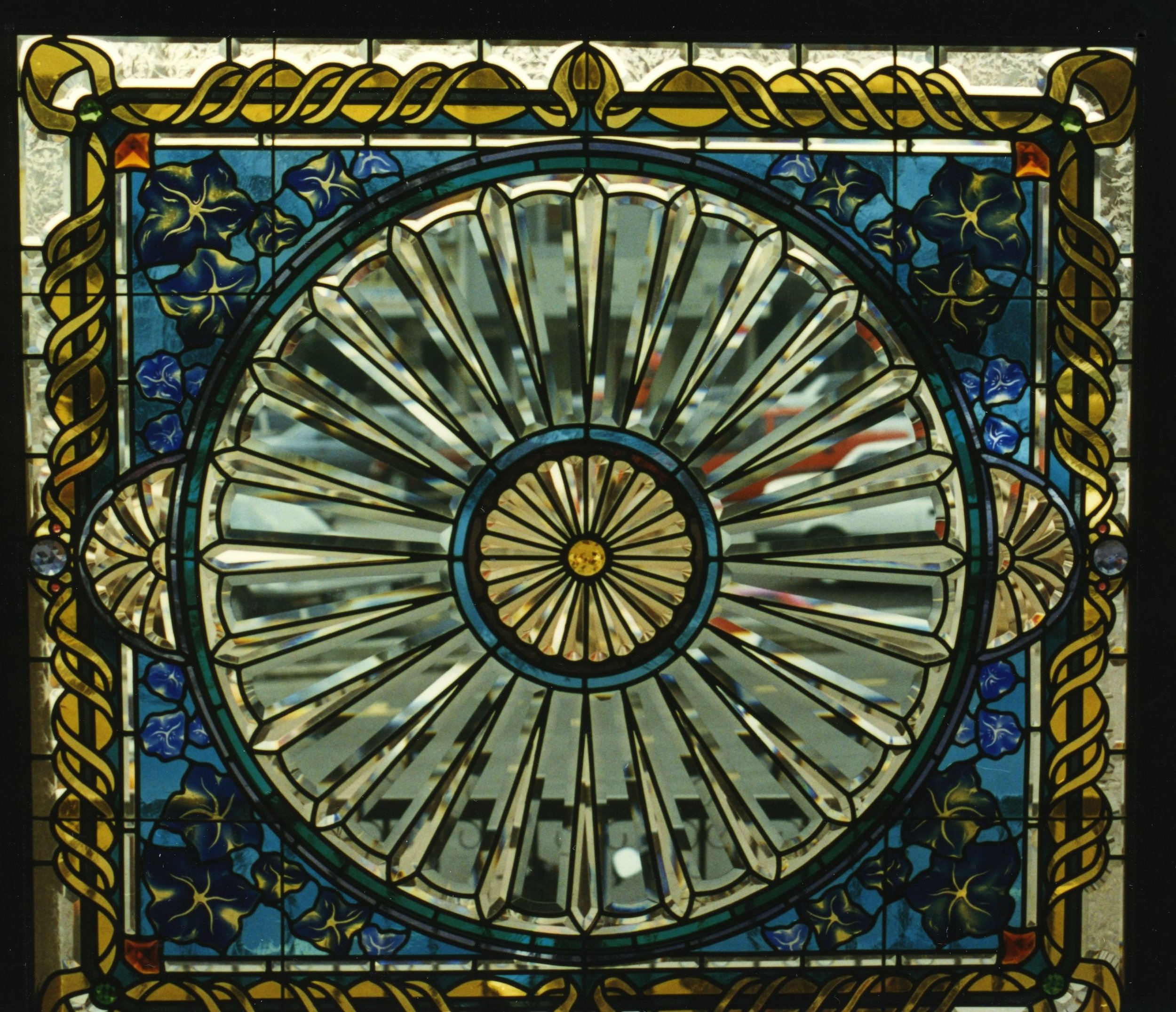 Residential window, Singapore  1997
5' x 5'    
Hand beveled, acid etched flashed glass
