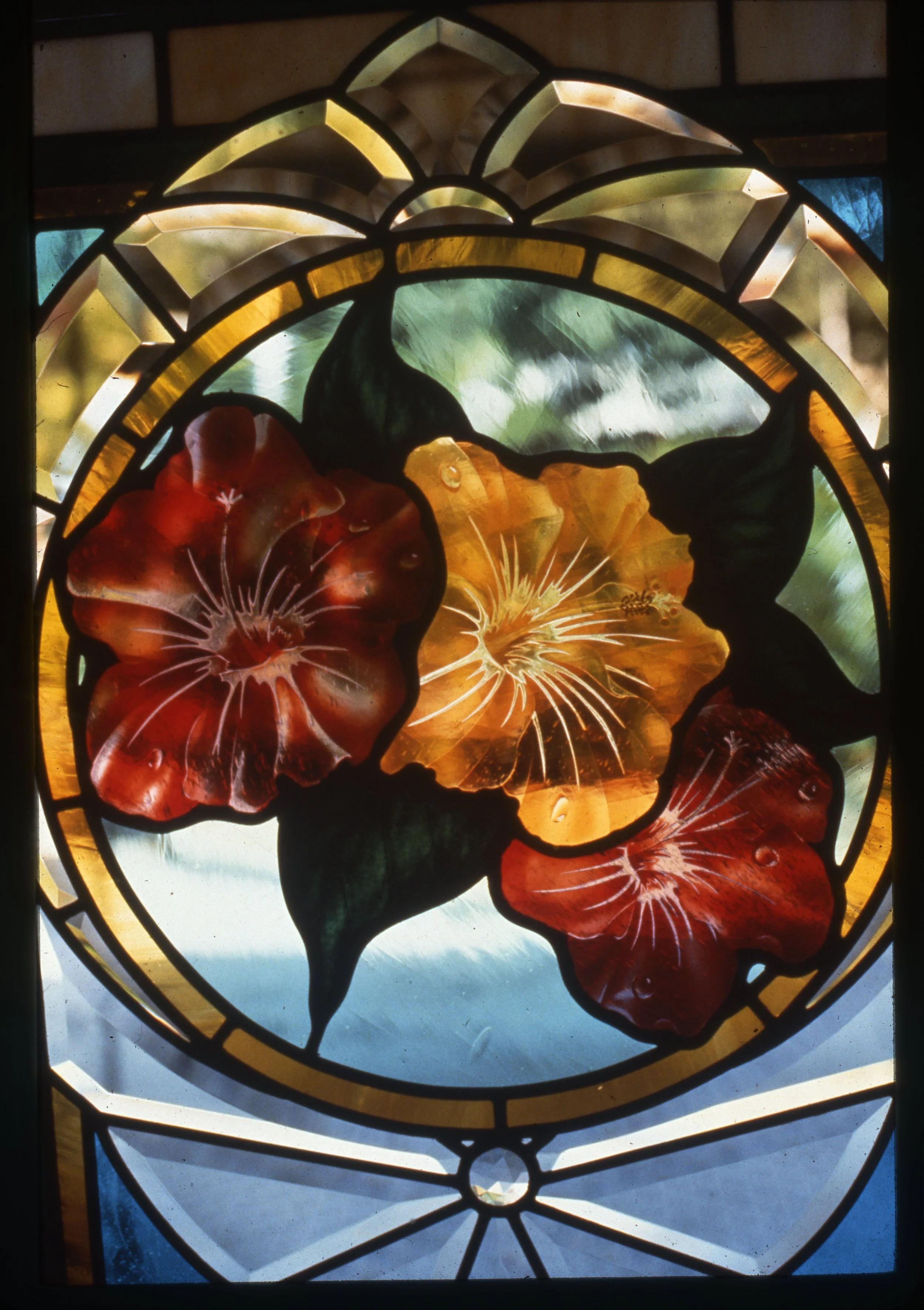 Residential window  Singapore  1992
Acid etched flashed glass, hand bevels