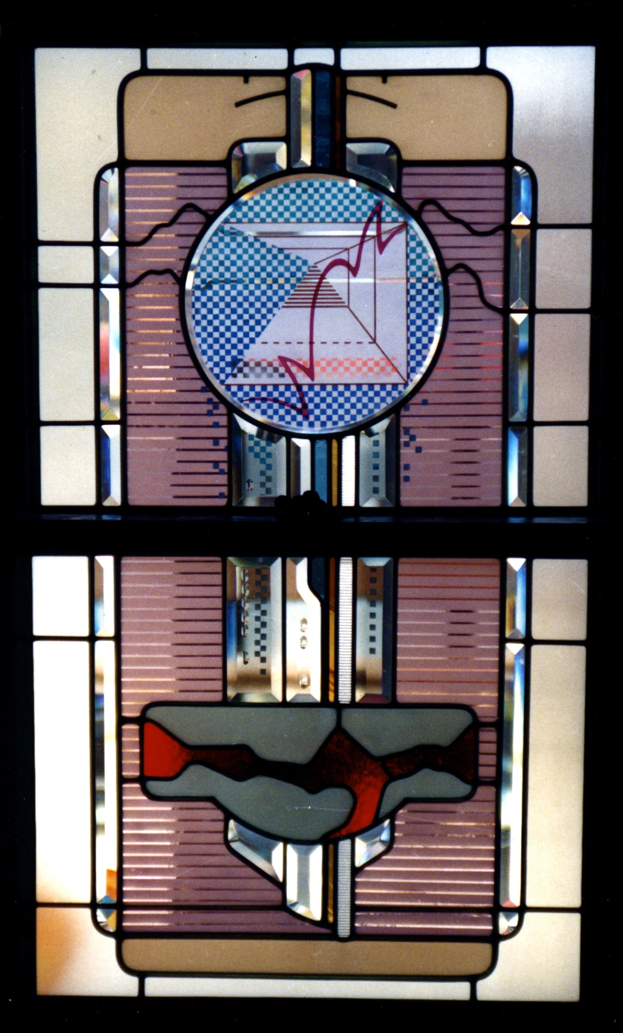 Bathroom window,  Minneapolis, 1988
Hand beveled glass, etching and fired frits