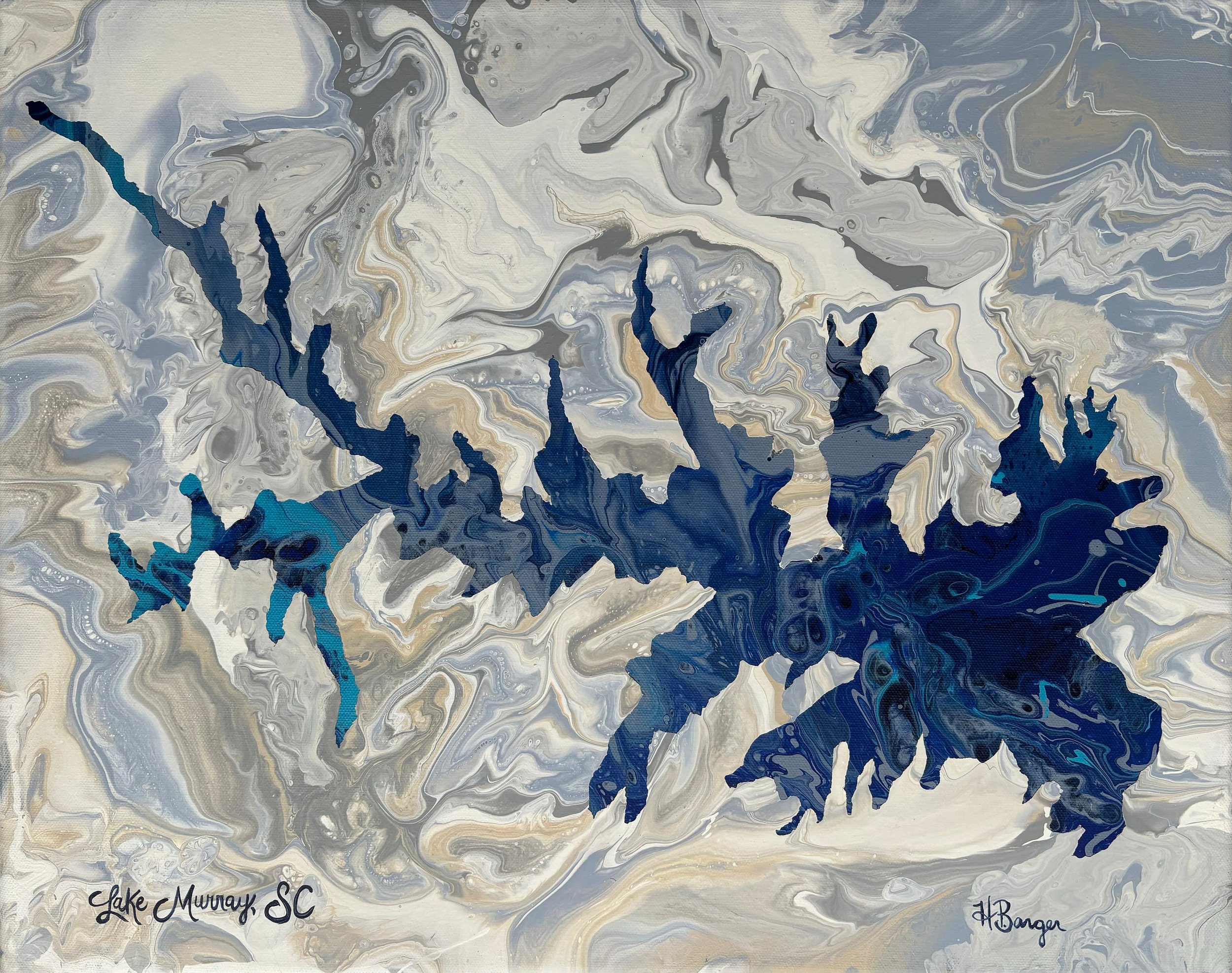 Lake Murray South Carolina original painting with large swirled background and blue map water