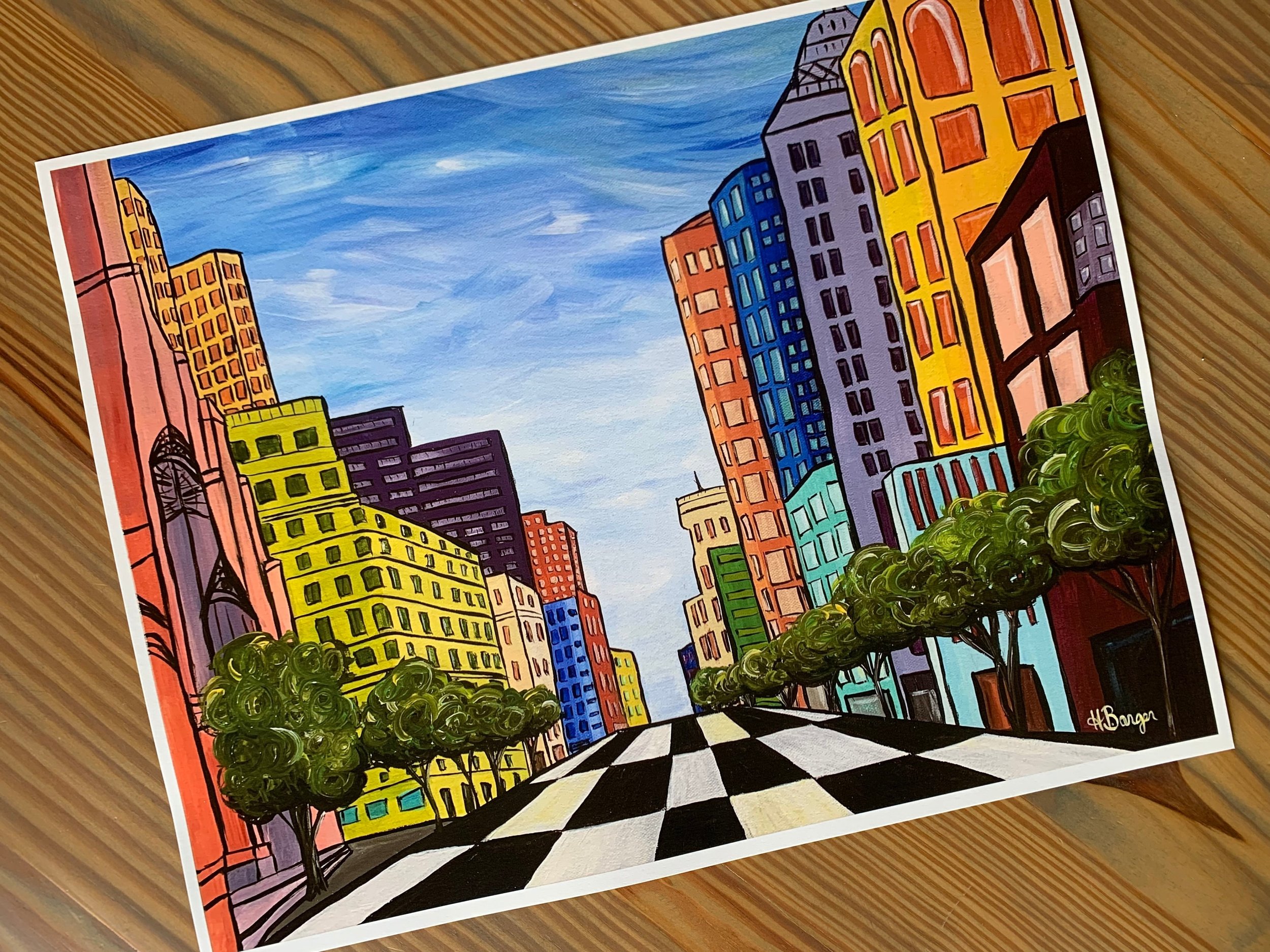 New York City streetscape art print with bright colorful buildings, funky black and white checkered street, Park Avenue New York