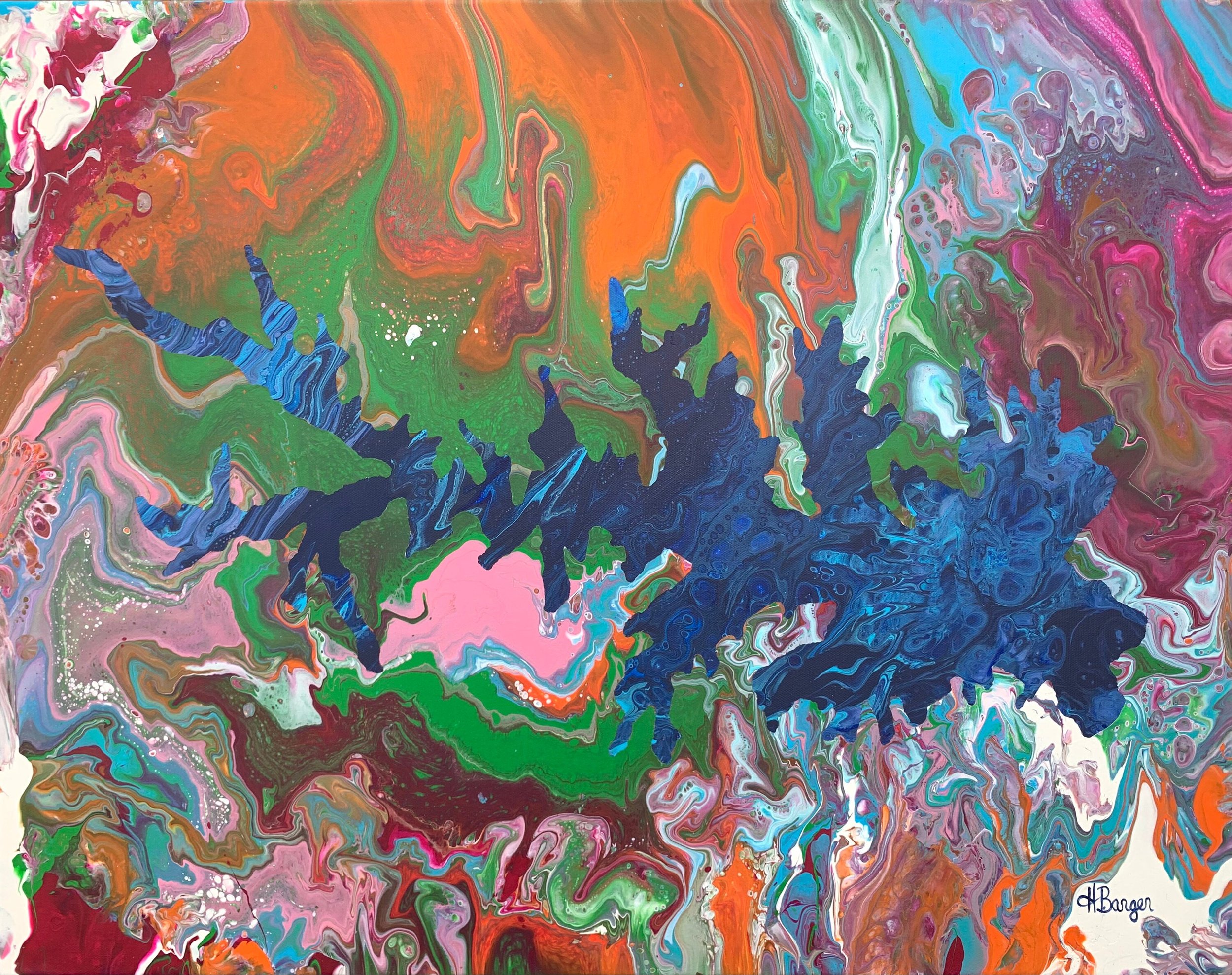 Colorful Lake Murray South Carolina original painting with bright orange, pink and green swirled background
