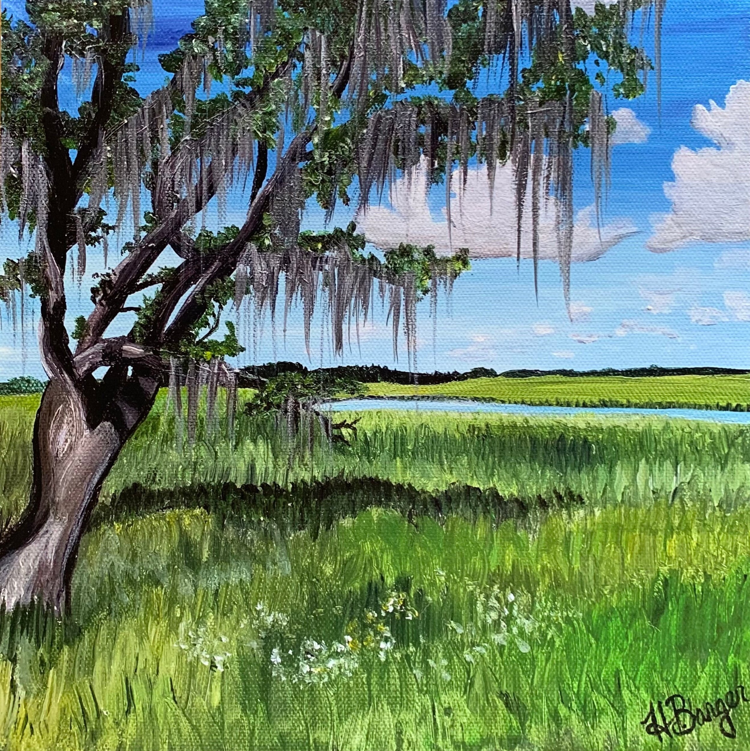 Low country marsh scene with grass and mossy tree, and blue sky art print