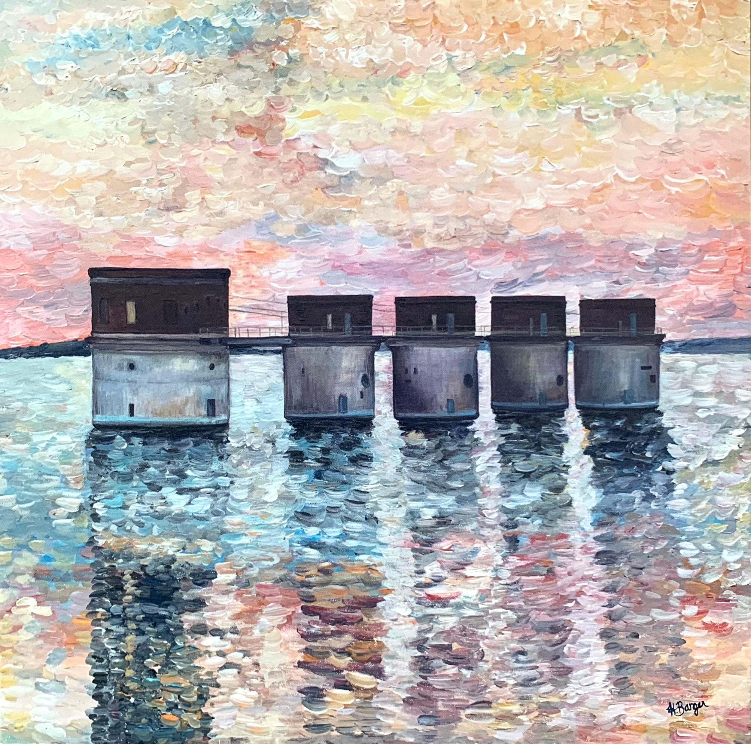 Lake Murray towers soft pink and blue sunset art print, South Carolina