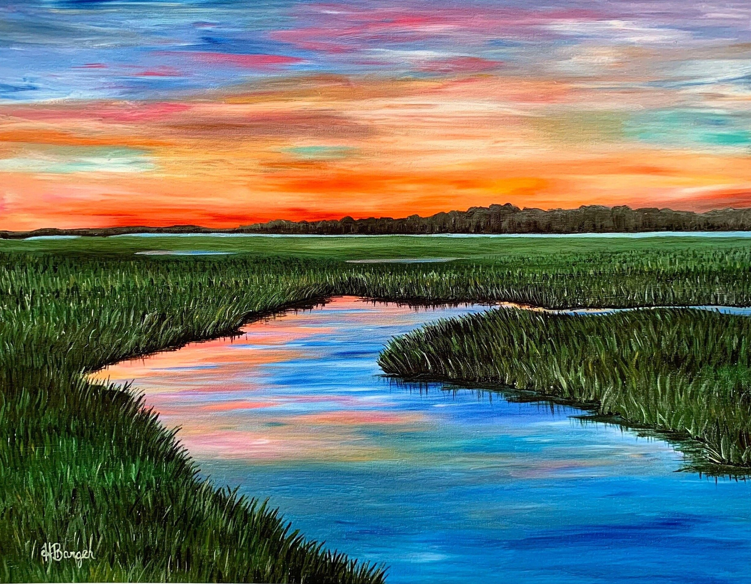 Low country marsh at sunset, bright sky in South Carolina low country art print