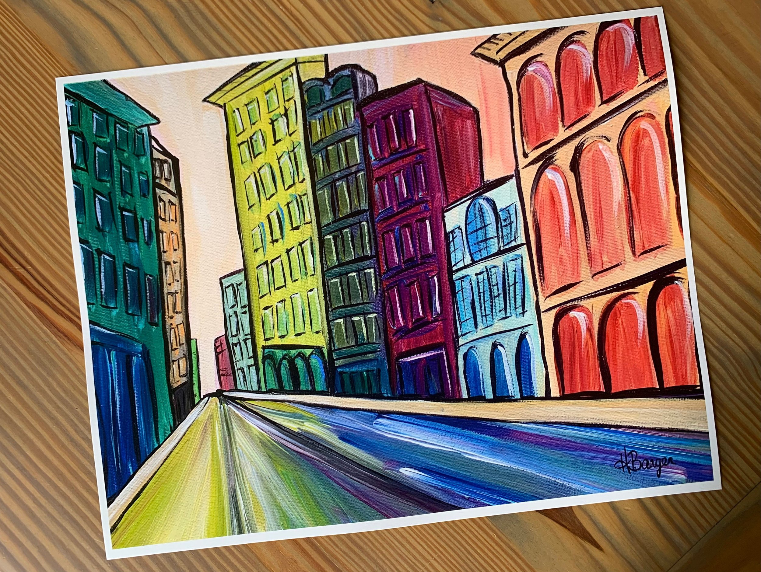 New York City streetscape art print with bright colorful buildings, SOHO