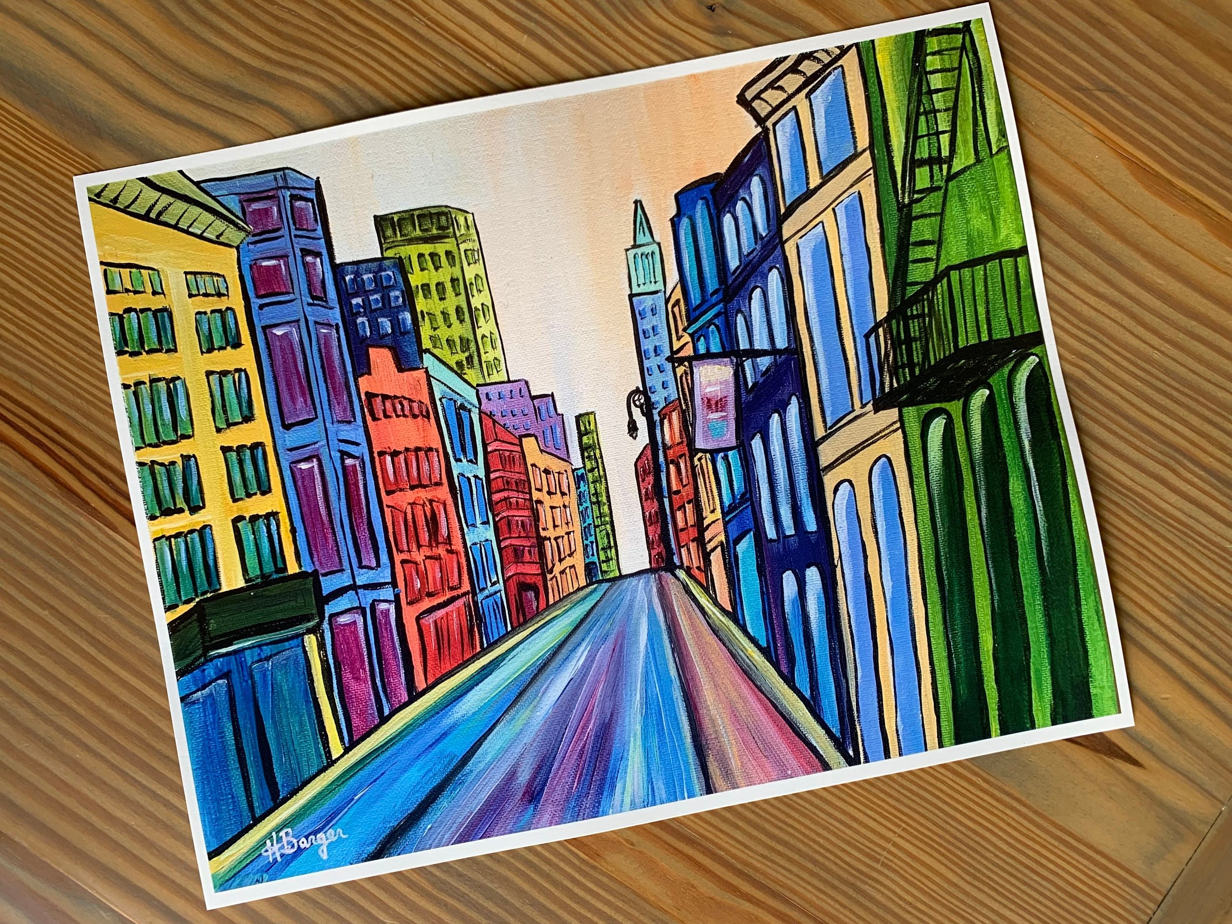 New York City streetscape art print with bright colorful buildings, SOHO