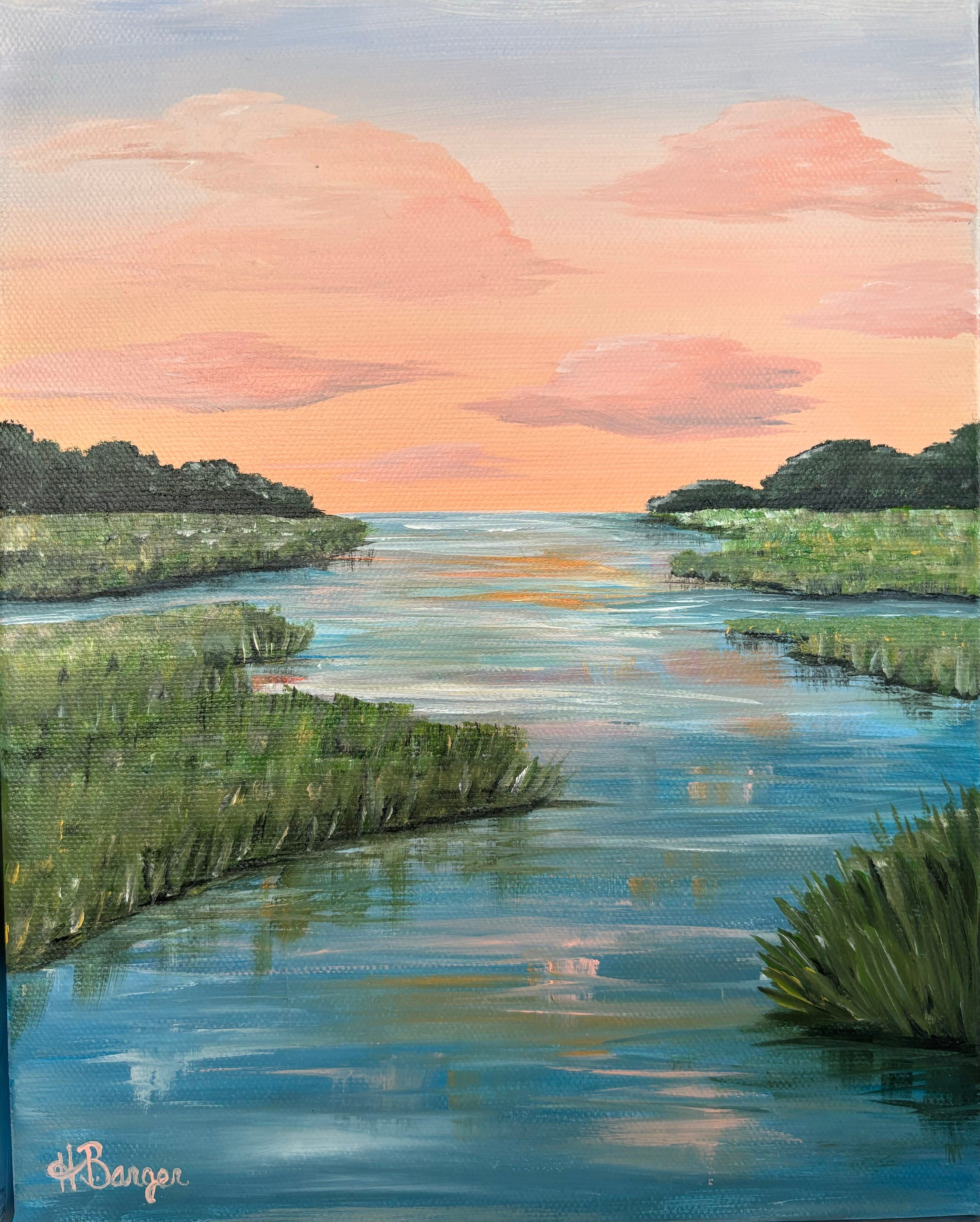 Low country marsh in South Carolina original painting with soft pink clouds