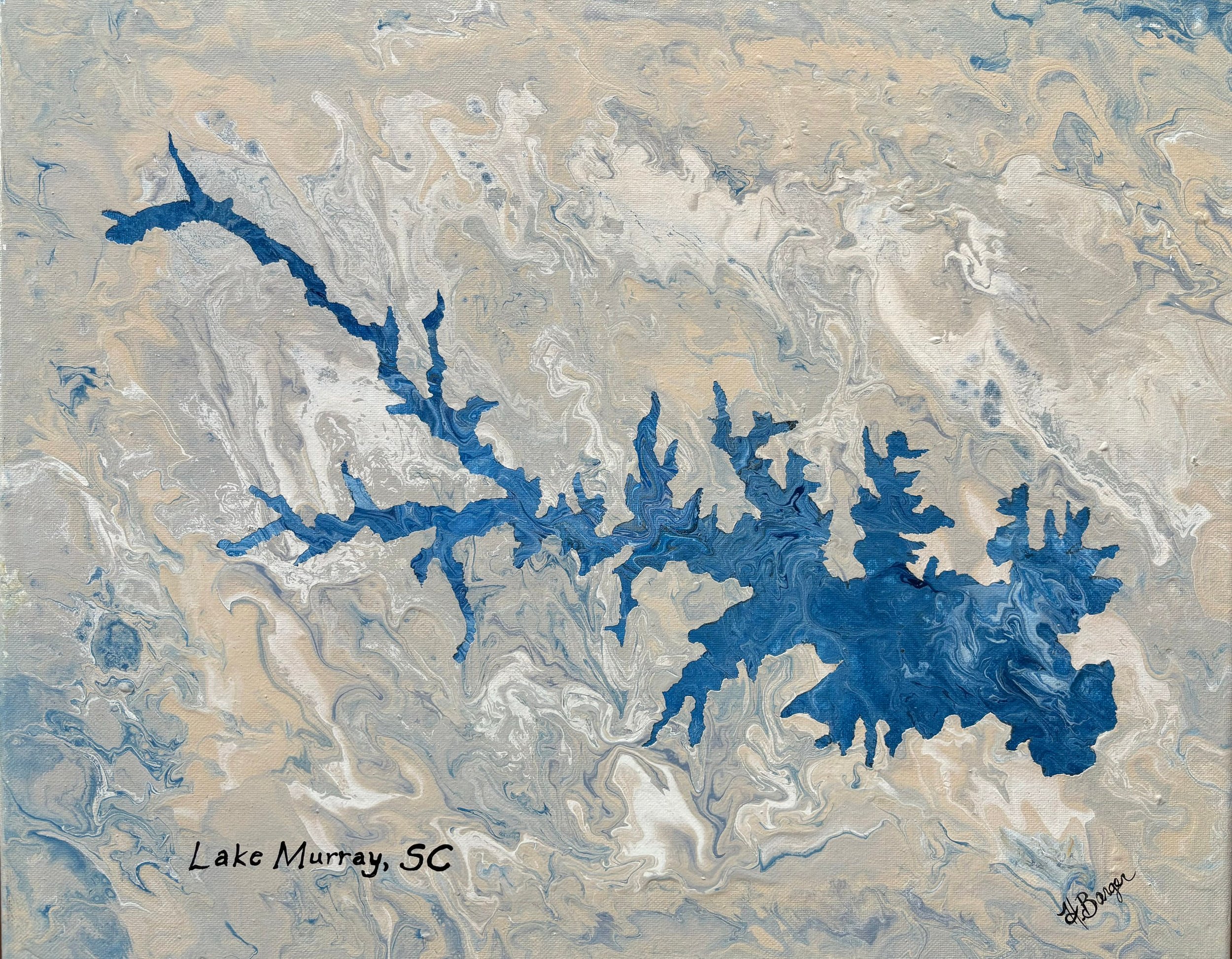 Lake Murray South Carolina original painting with swirled background and blue map water
