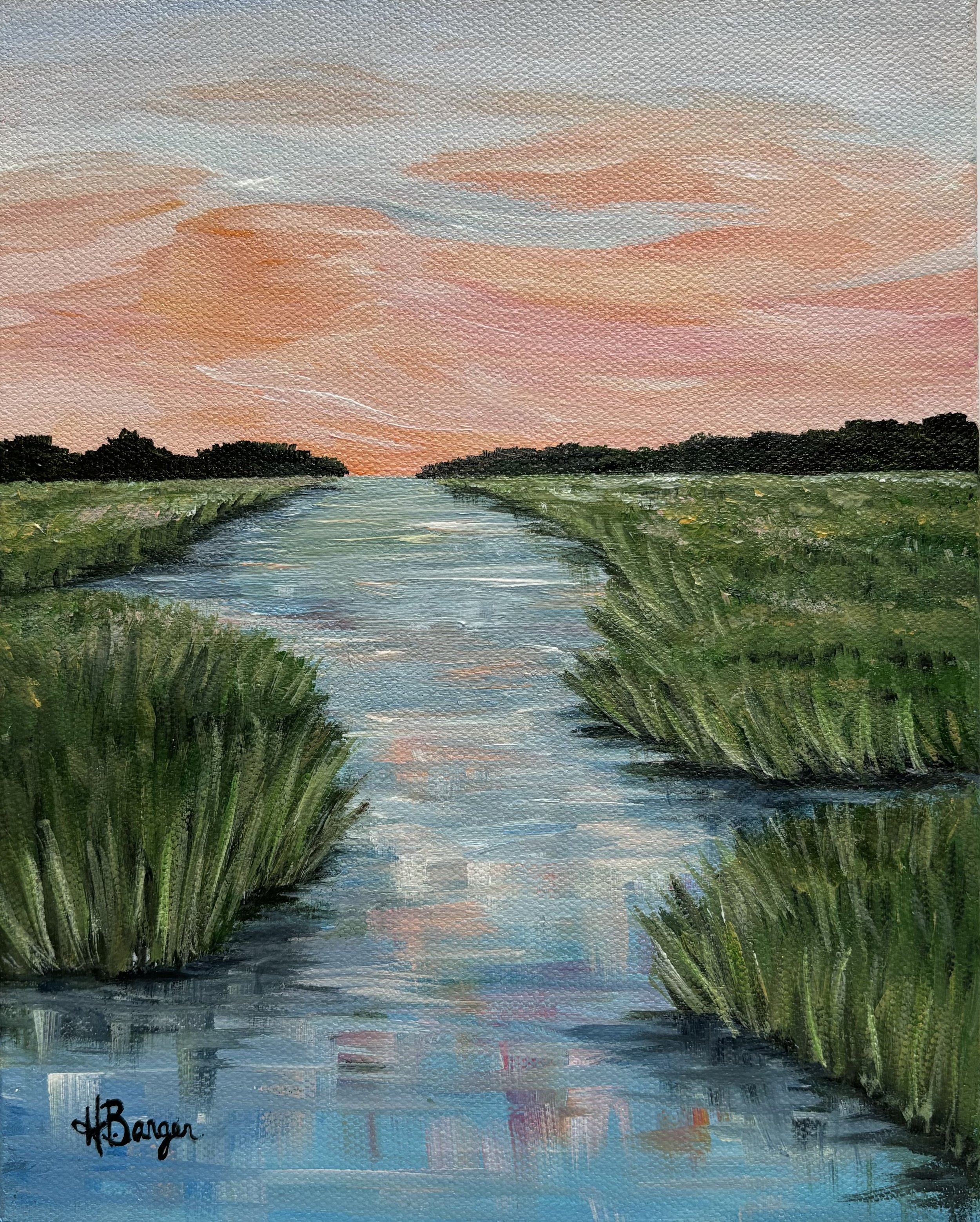Low country marsh in South Carolina original painting with soft pinks and blues