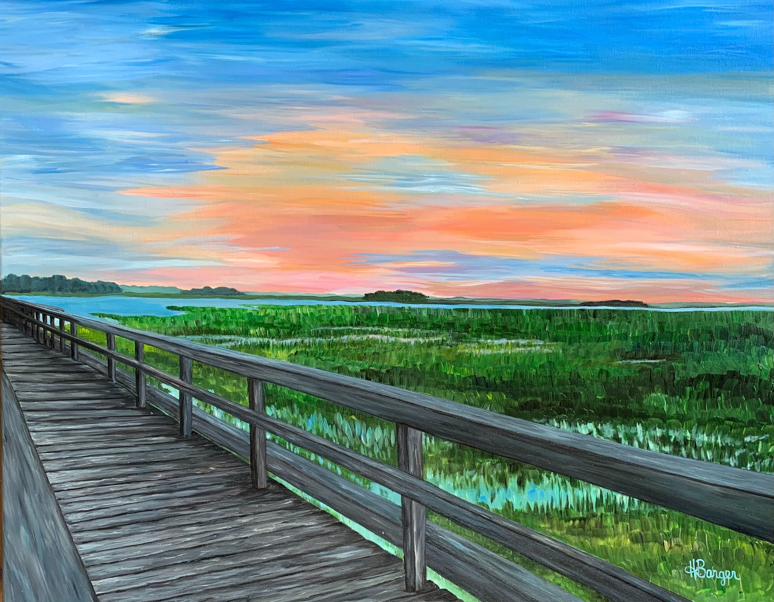 Low country marsh with pier and sunset, South Carolina