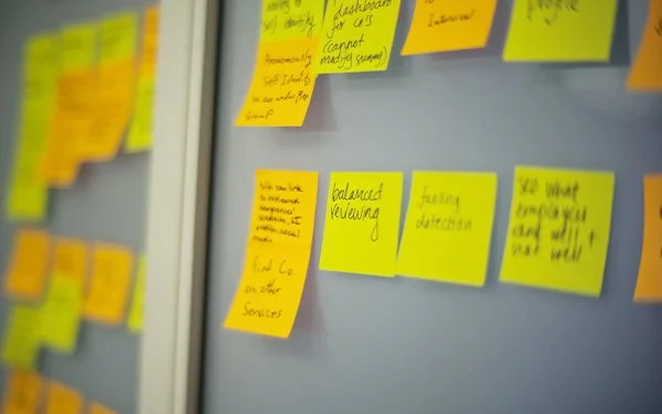 Sticky notes on a wall demonstrating Foresight's Materiality Study service