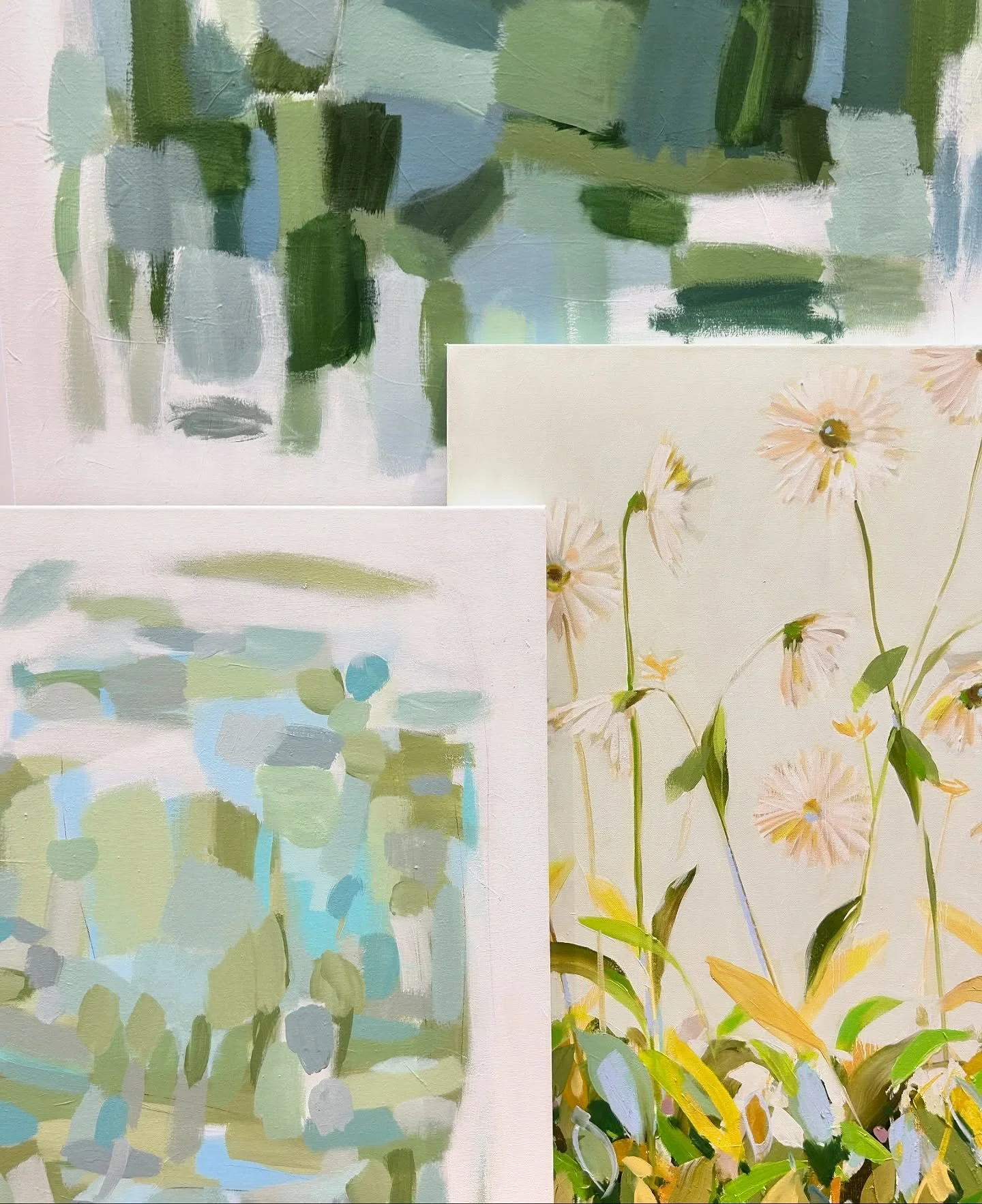 A complimentary combination: bold new abstracts by Shelly Deriso with the delicate floral paintings of Shannon Woodford 🖼️
These original artworks have a harmonious visual dialogue of color, texture, and line. All paintings are available for purcha