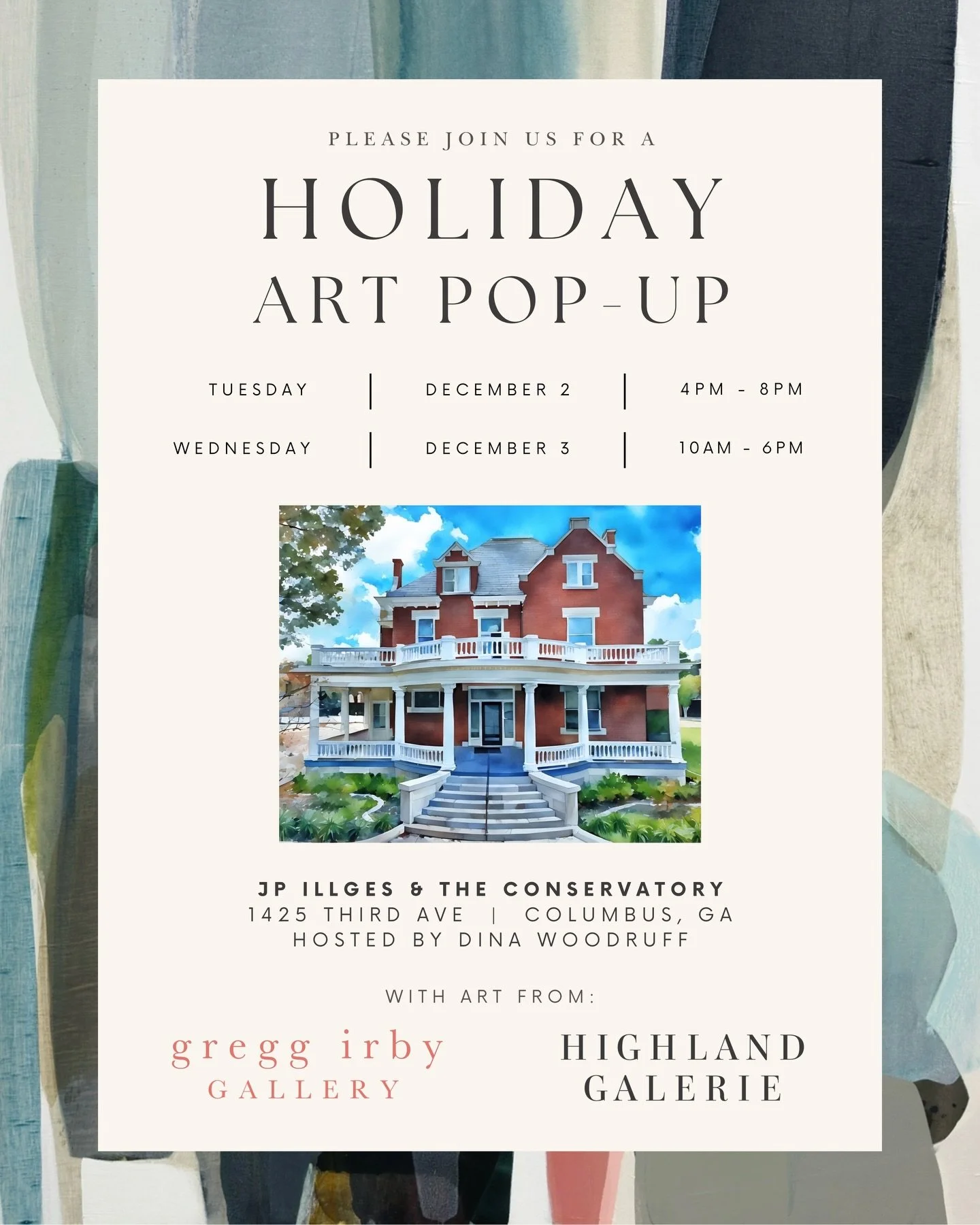 ATTENTION COLUMBUS ART LOVERS 📣

Gregg Irby Gallery will be in Columbus, GA for a holiday art pop-up NEXT WEEK! We are collaborating with our friends at Highland Galerie to bring you lots of fabulous paintings &ndash; no gift is more thoughtful than