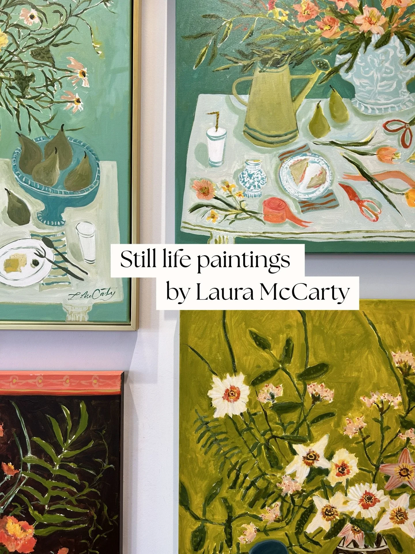 New works from Laura McCarty are HERE!!!!!!!! 

These fabulous original paintings are hanging on the gallery walls &amp; also (as always) available for purchase online. Each composition is filled with tons of fun details 🍐🦪🌼

Don&rsquo;t wait to c