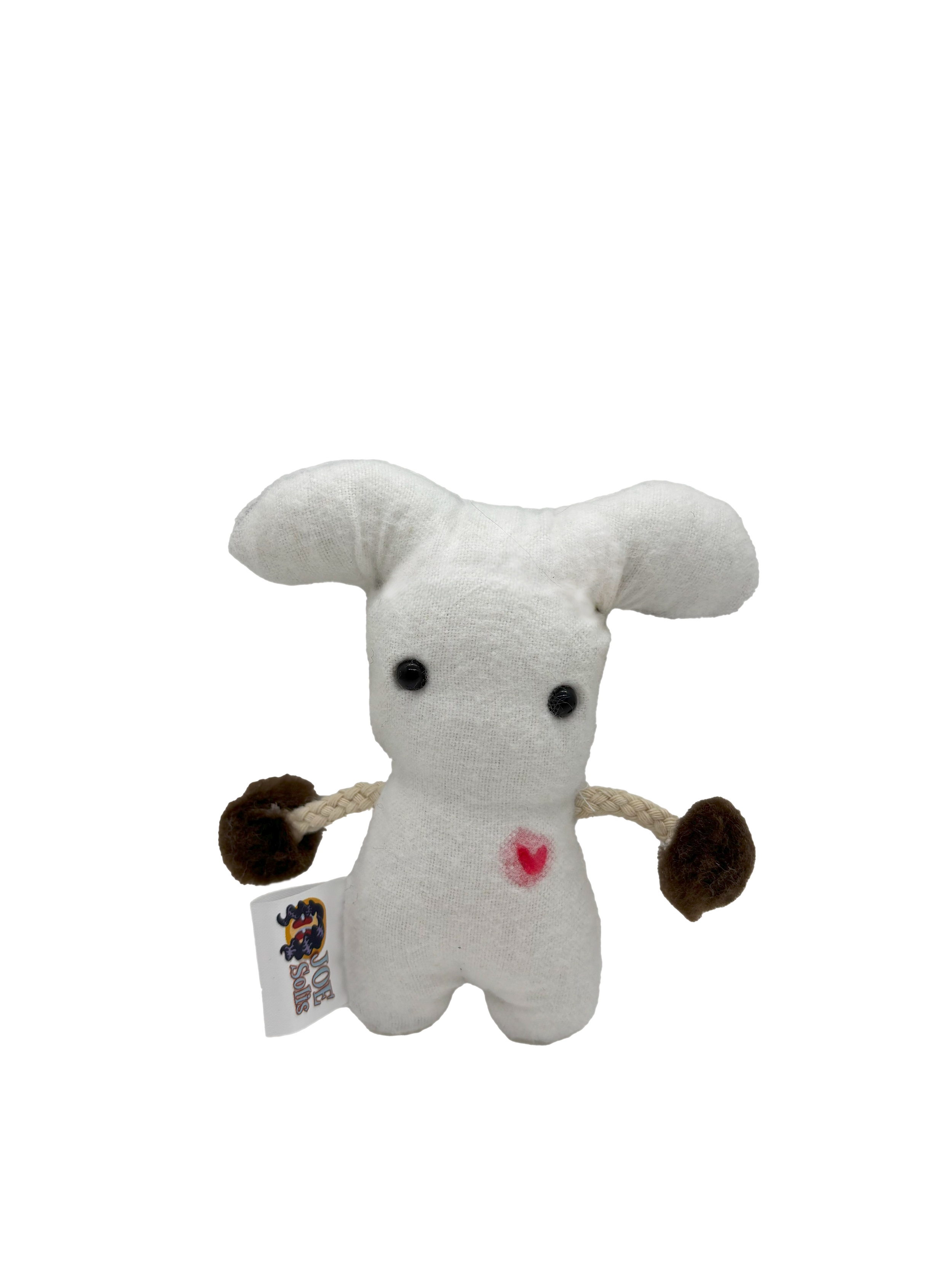 A small plush toy that resembles a mouse, made of white fabric with black eyes, pink heart on its chest, and brown and beige cloth arms. It has large, floppy ears and a tag attached to its side.