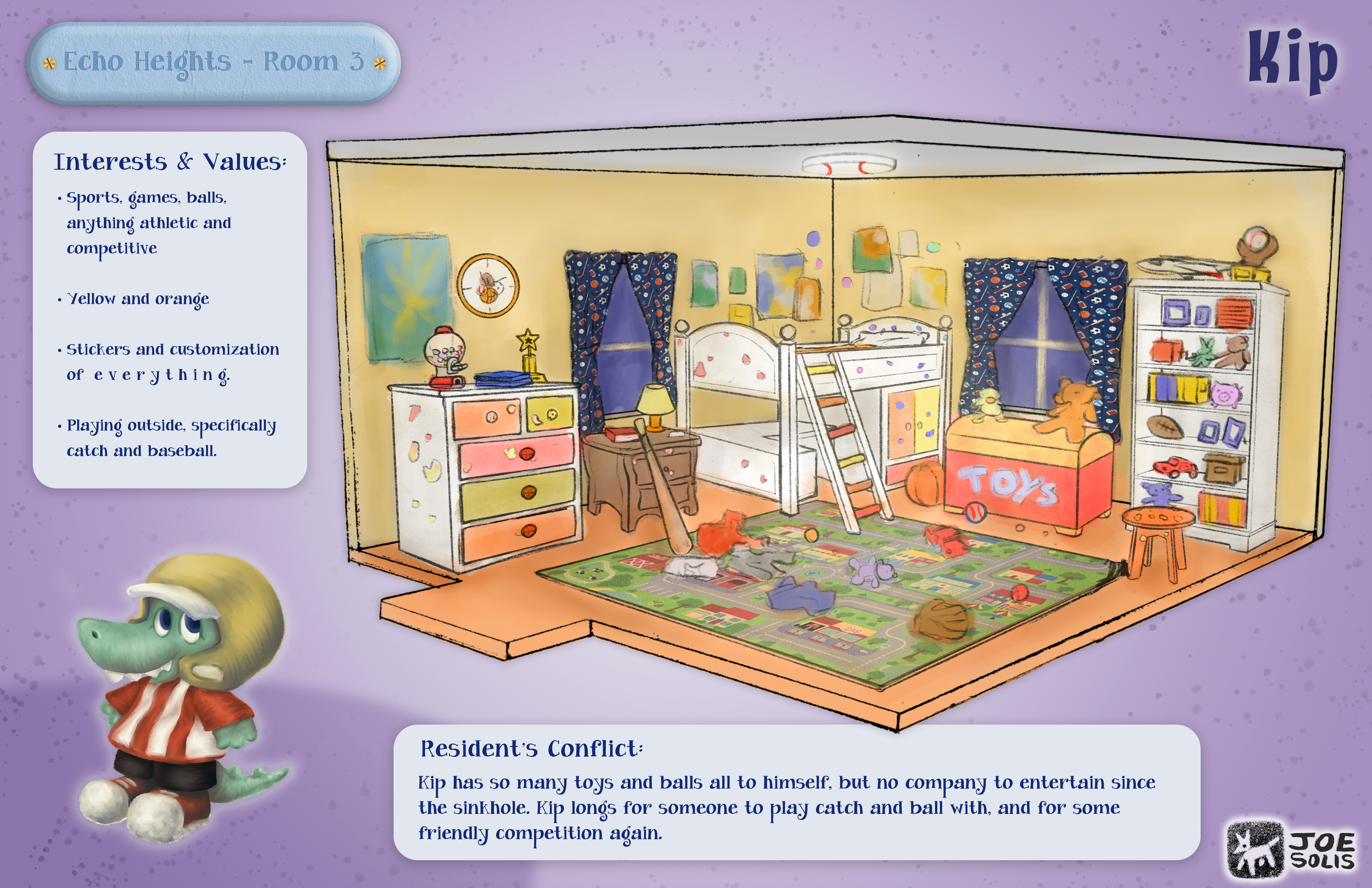 Illustration of a colorful child's bedroom with toys, a bed, and a rug, from the book 'Echo Heights - Room 3'.