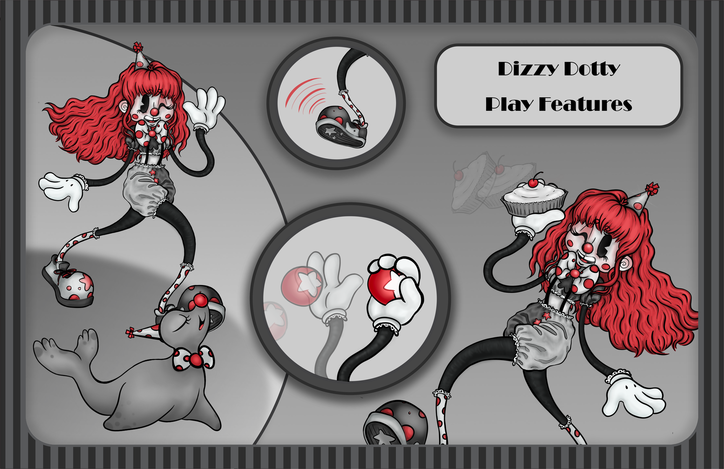 A cartoon clown with red, curly hair, clown makeup, and polka-dot clothes playing with a small dog and a ball in a grayscaled game interface titled "Dizzy Dotty Play Features."