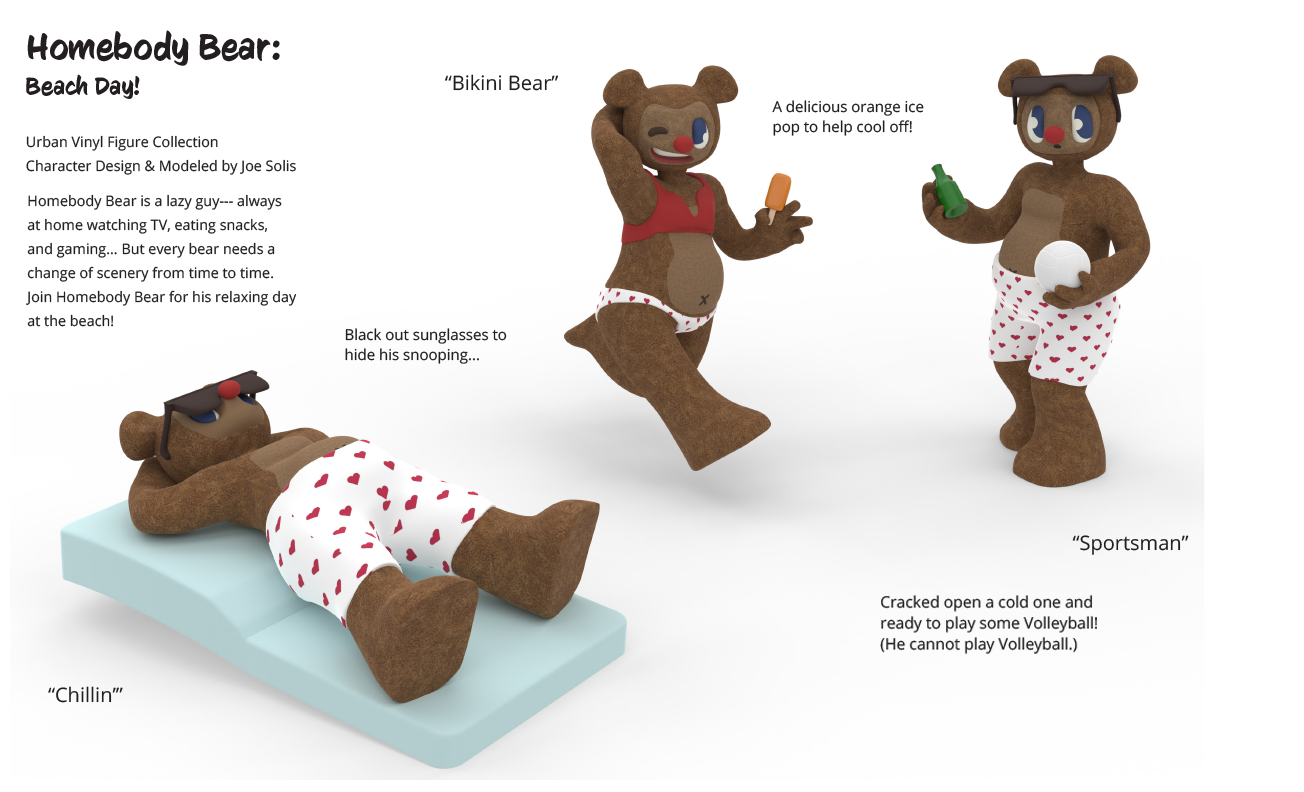 Three plush teddy bear figures with sunglasses, swimsuits, and accessories portraying different beach day scenarios. One is lying down with glasses and a towel, another is holding an orange ice pop and wearing bikini-style swimwear, and the third is 