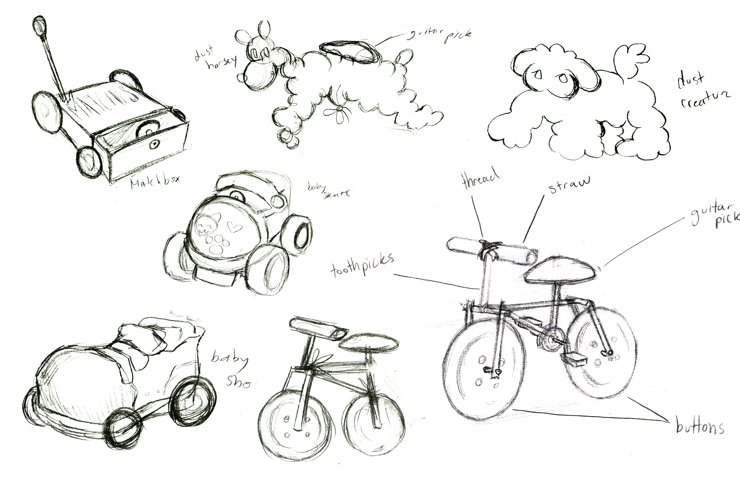 Hand-drawn sketches of children's toys including a mailbox, a baby stroller, a tricycle, a bicycle, a robot, and various labeled components such as "dust bunny," "baby," "shoes," "buttons," "guitar pick," "toothpicks," "thread," "straw," and "dust cr