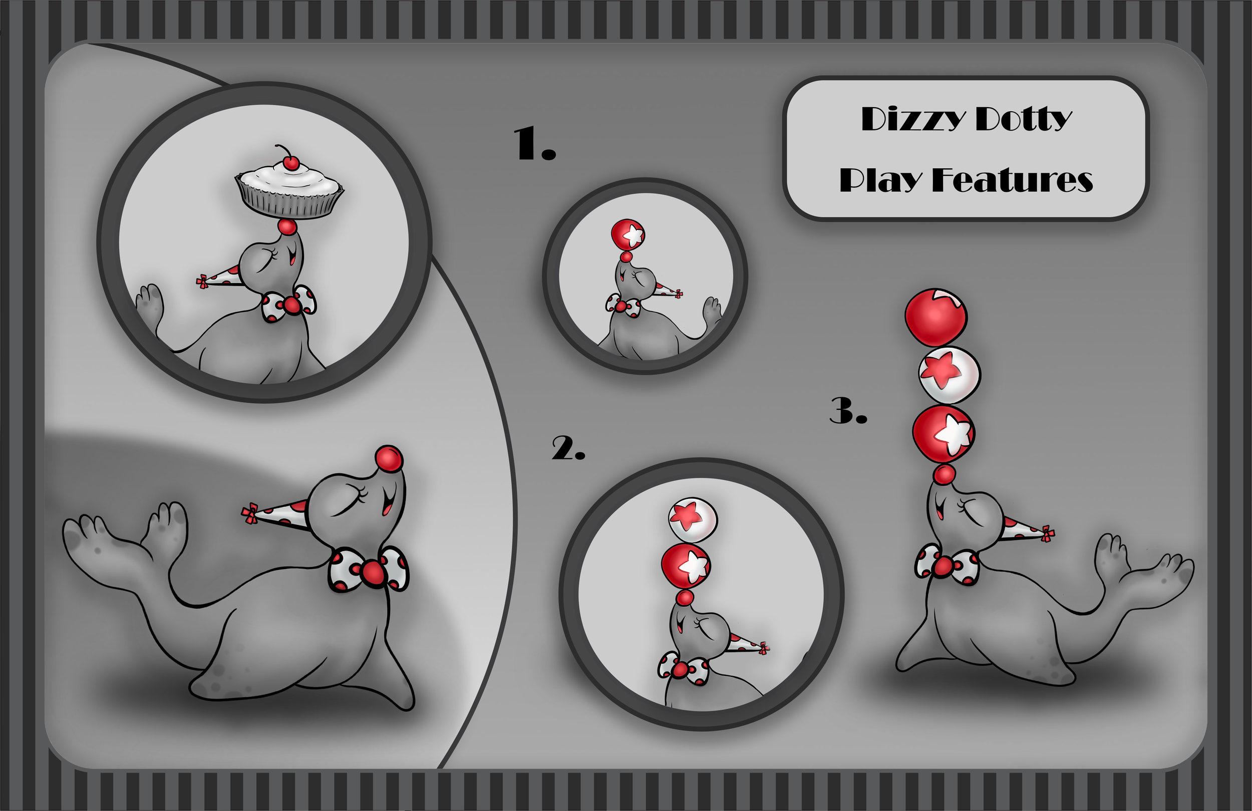 A gray elephant wearing a polka-dotted party hat and bow tie, holding a cupcake with a cherry on top. There are balloons floating around the elephant with stars and circles in red and white, and the background has a striped pattern with a section lab