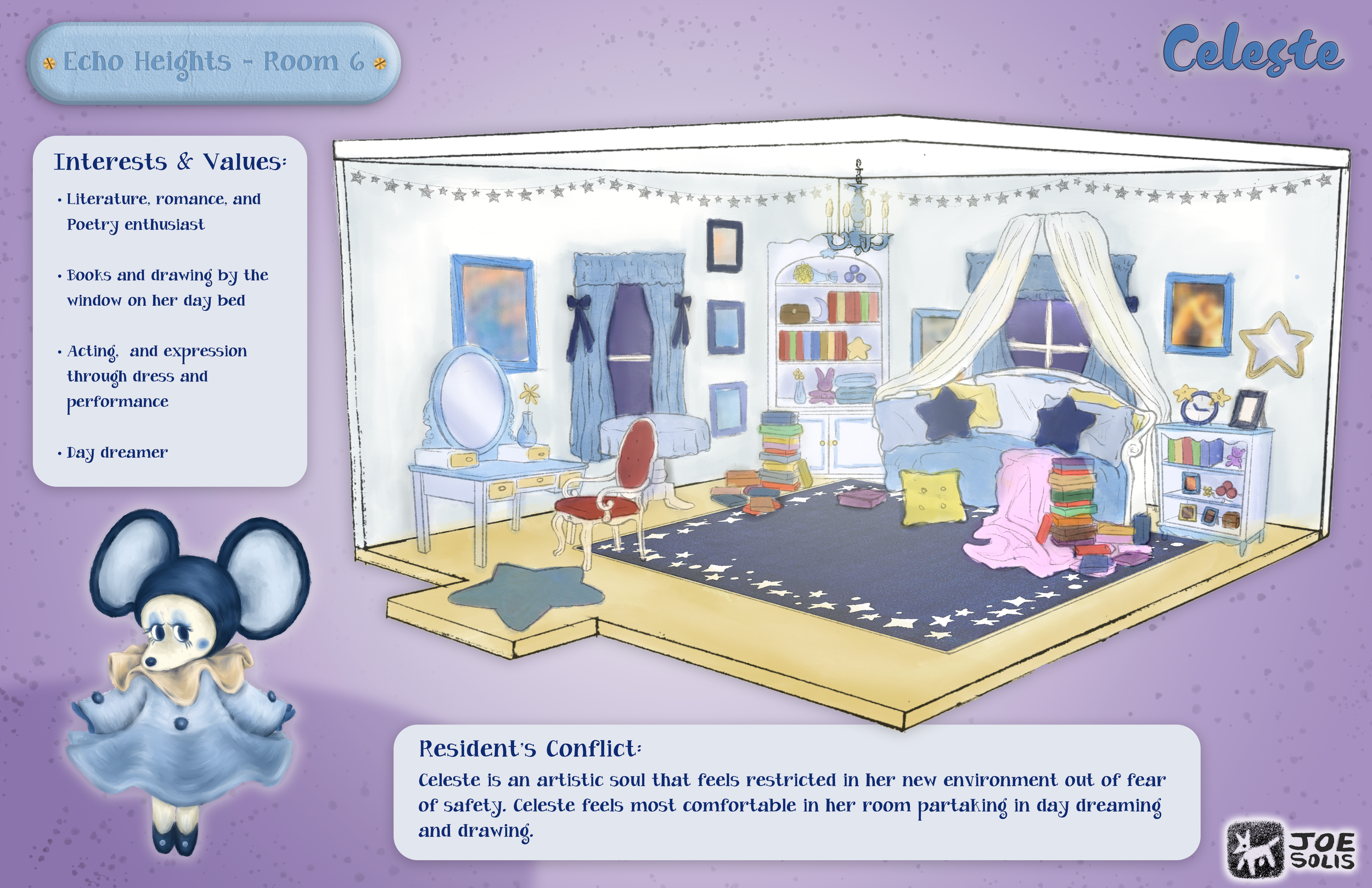Illustration of a child's bedroom decorated with blue and purple hues. The room features a canopy bed with drapes, a dresser with a mirror, bookshelves filled with books, and a small chair. The walls have framed pictures, and a chandelier hangs from 