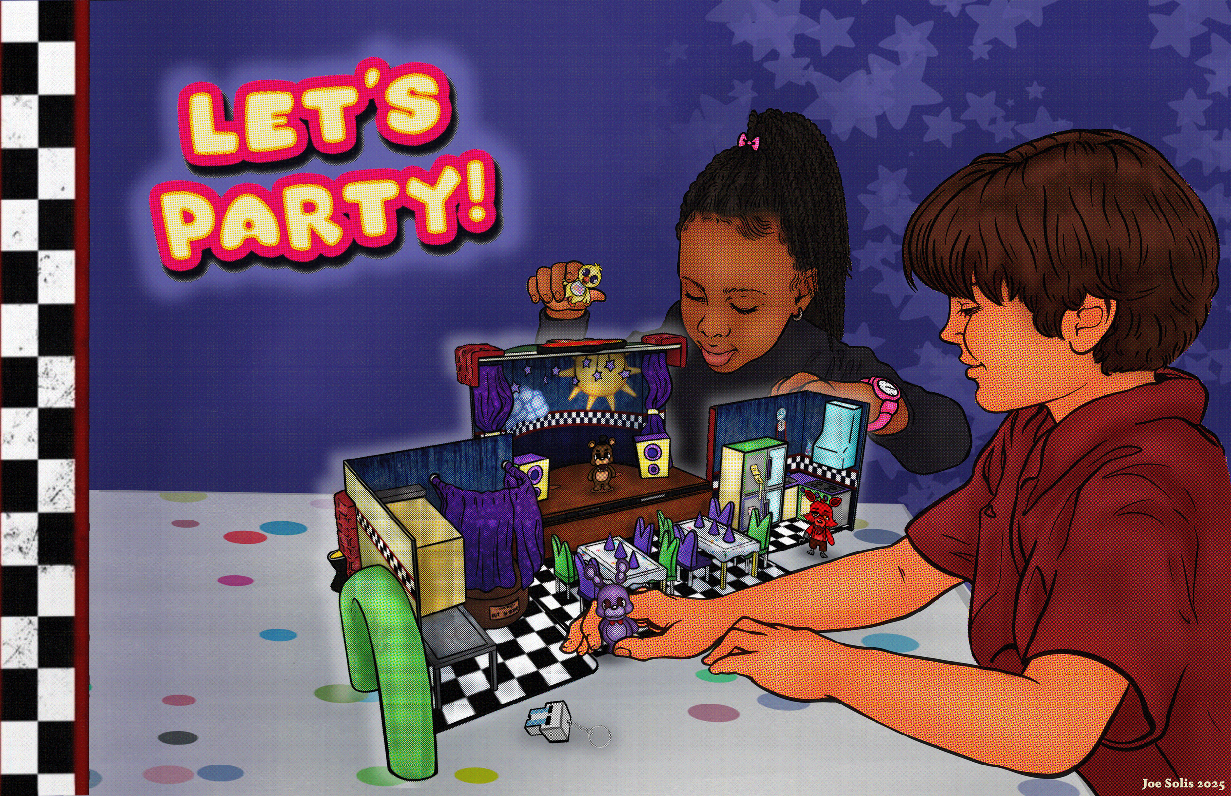 Two children playing a tabletop game with a colorful setup including various small figures and items. The background features stars and a sign that says 'Let's Party!' in bright letters.