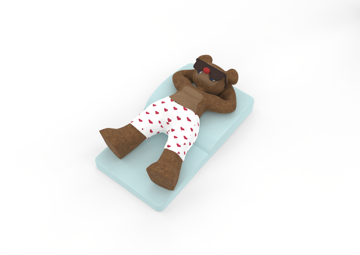 Cartoon bear lying on a blue mattress, wearing white boxer shorts with red hearts, sunglasses, and a red nose, relaxing with arms behind the head.