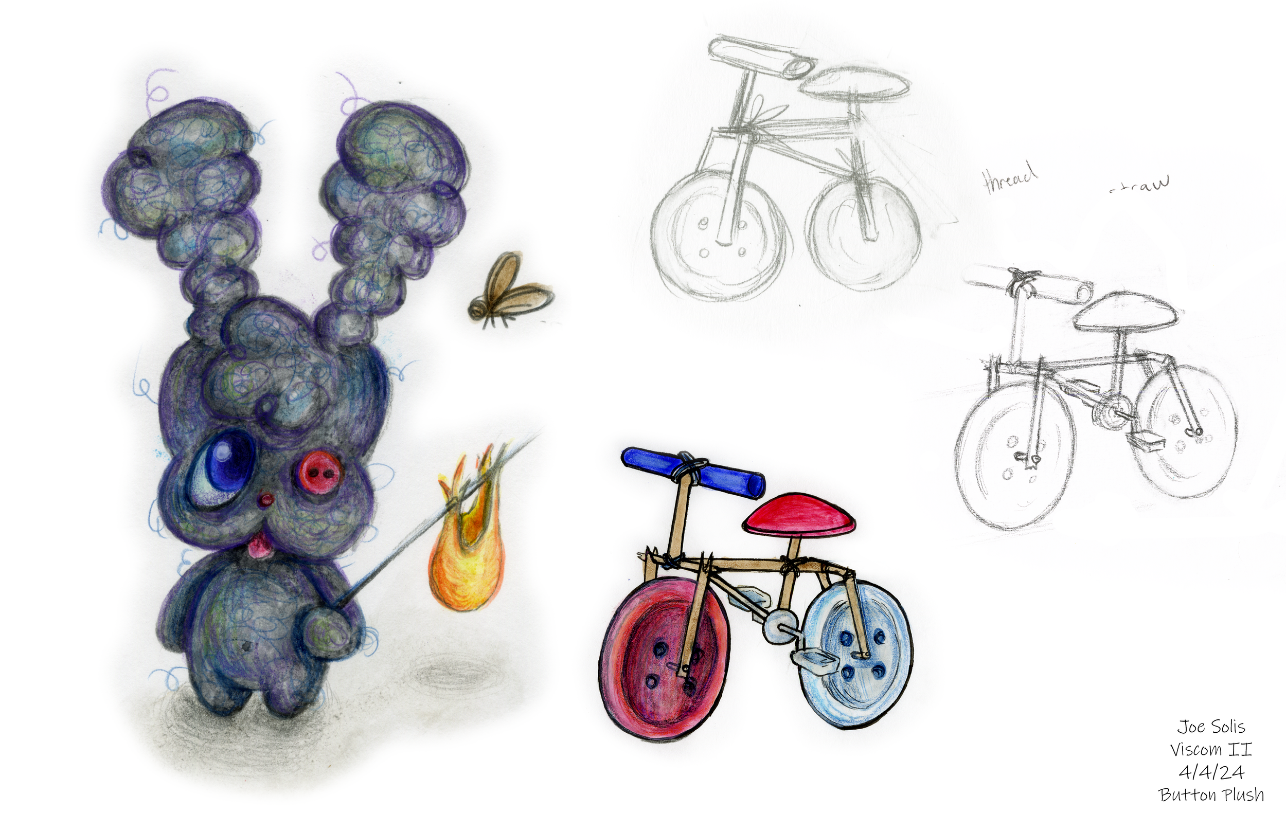 Colorful drawing featuring grapes, a bee, flames, and various bicycle sketches. Small notes and a signature at the bottom right reading 'Joe Solis, Viscom II, 4/4/24, Button Plush.'