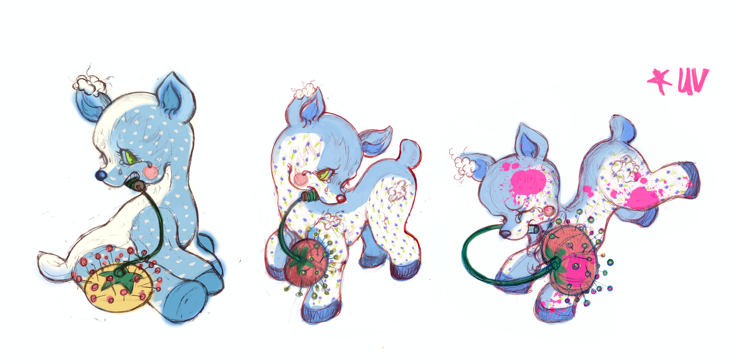 Illustration of three blue unicorns with colorful spots, each holding a Halloween pumpkin-shaped bucket filled with Christmas lights, set against a white background with the words '*UV' written in pink.