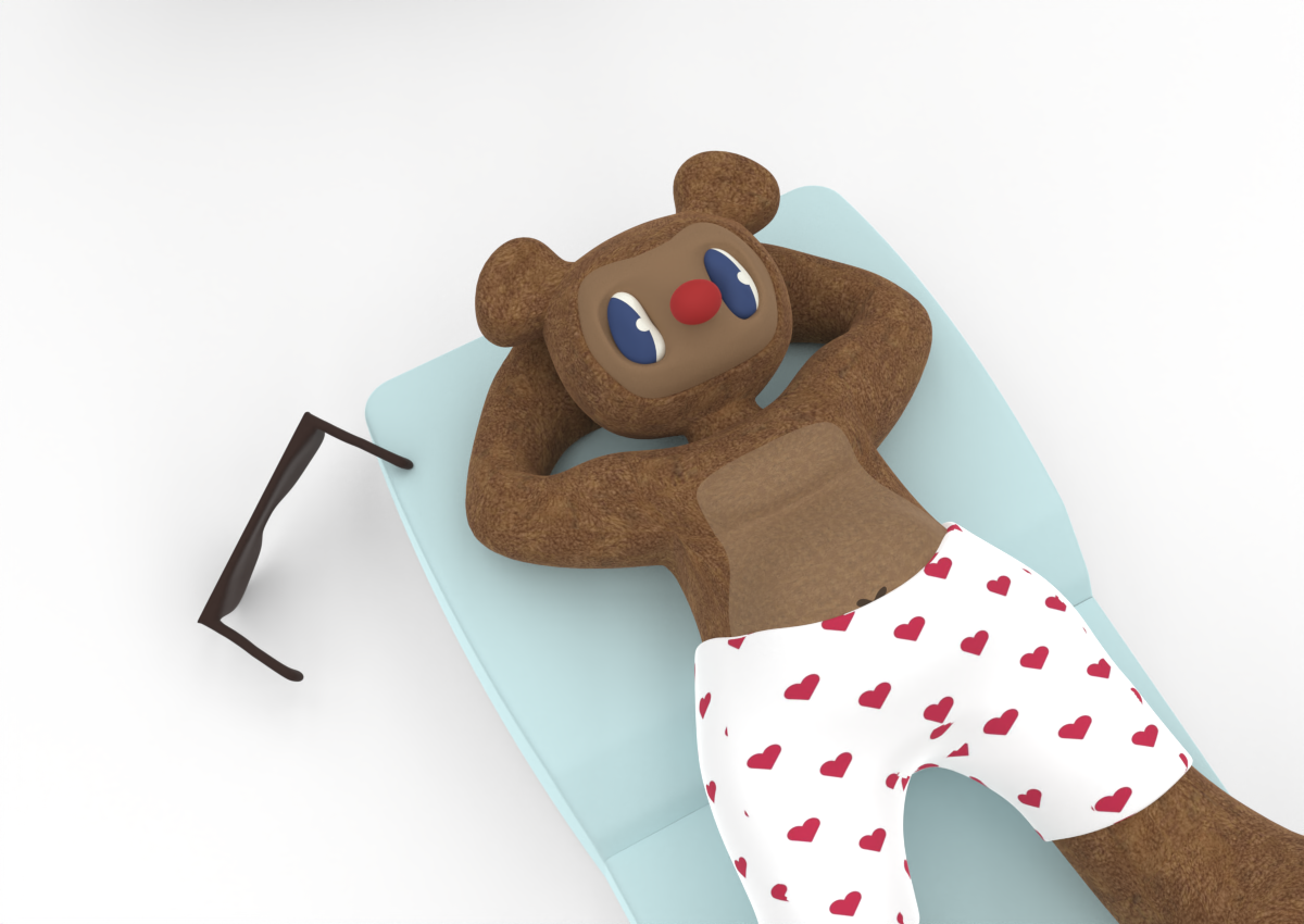 A cartoon teddy bear lying on a light blue hospital bed, wearing white pajamas with red hearts, with a red nose, large blue eyes, and its hands behind its head.