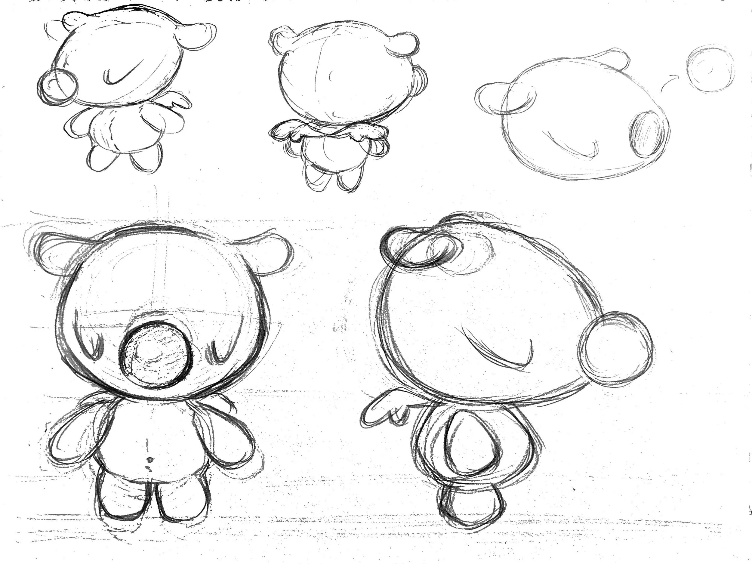 Sketches of a cartoon character in different angles, featuring a large head, small body, and rounded features, possibly a bear or a similar animal.