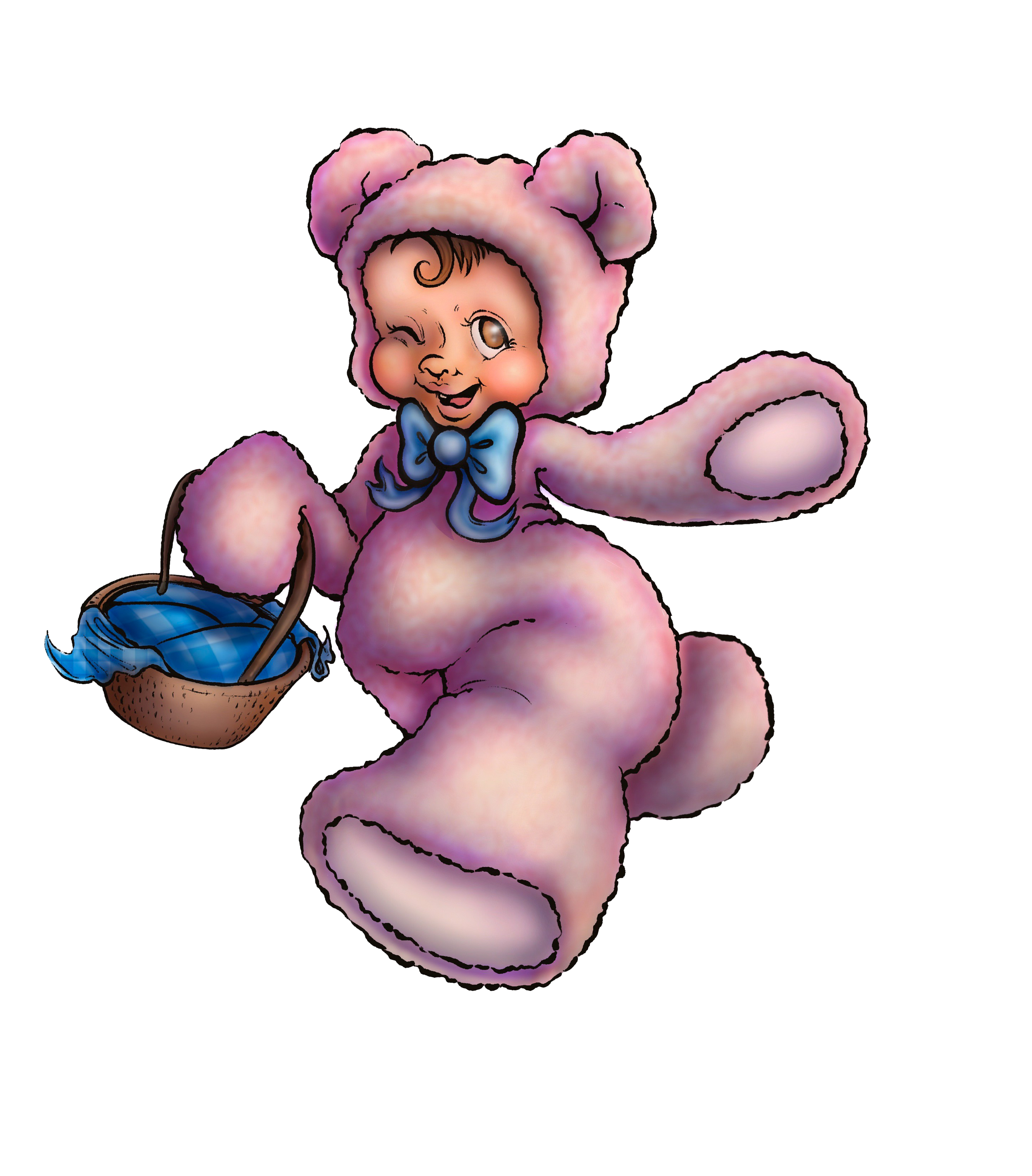 Child dressed in pink teddy bear costume, sitting in a basket, winking and smiling.