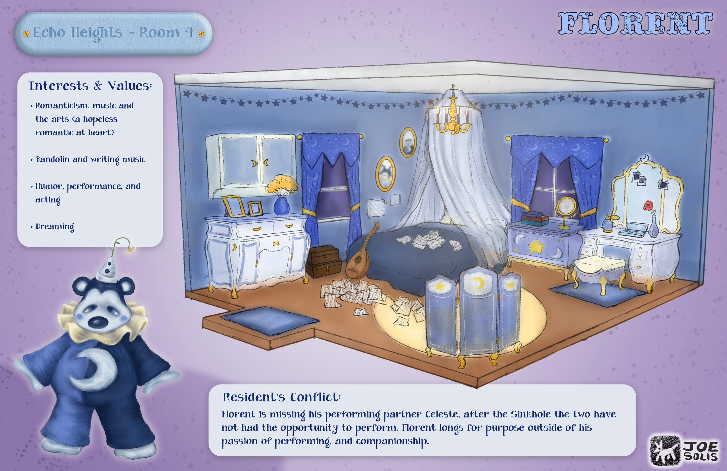 A cartoon illustration of a bedroom with purple walls, blue curtains, and golden accents. The room has a chandelier, a desk with a mirror, an orange guitar on the floor, scattered papers, a computer, and various decorative items. A blue dog character