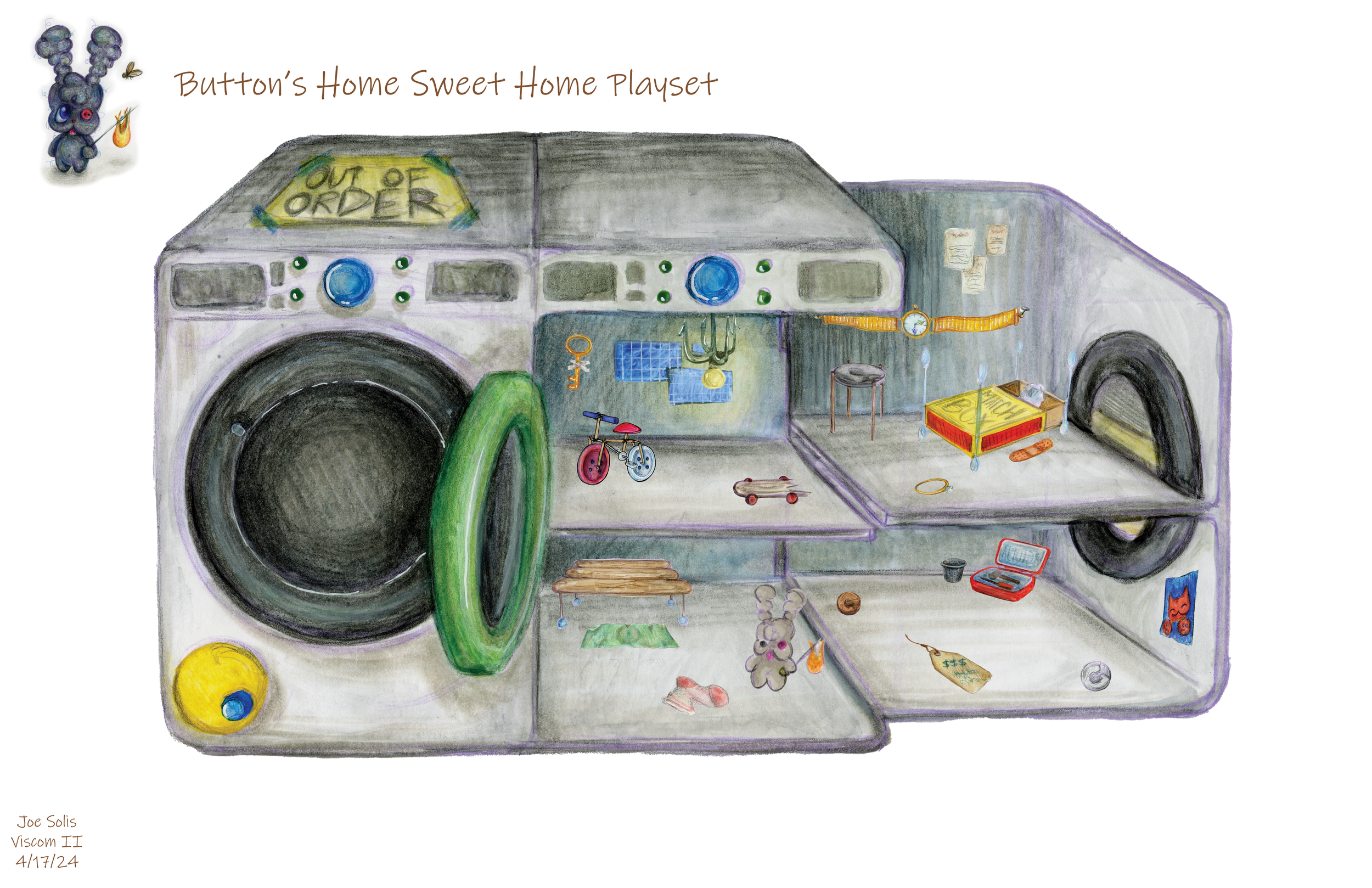 A detailed watercolor illustration of a washing machine with various toys and household items inside and around it, including a bicycle, a toy duck, a rubber duck, a ball, a chessboard, and a box of toys, with handwritten notes and doodles.