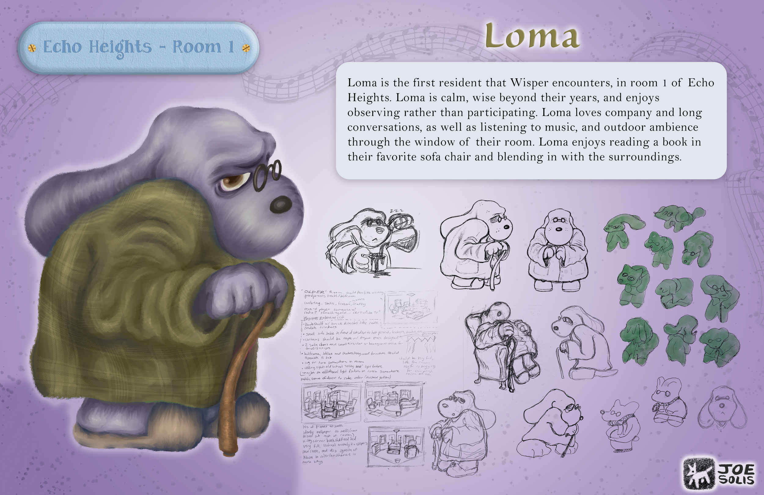 Illustration of a purple gorilla named Loma, aged beyond their years, wearing glasses and a green plaid jacket, holding a wooden cane. The background is purple with musical notes and a collection of sketches and notes about interior design. In the to