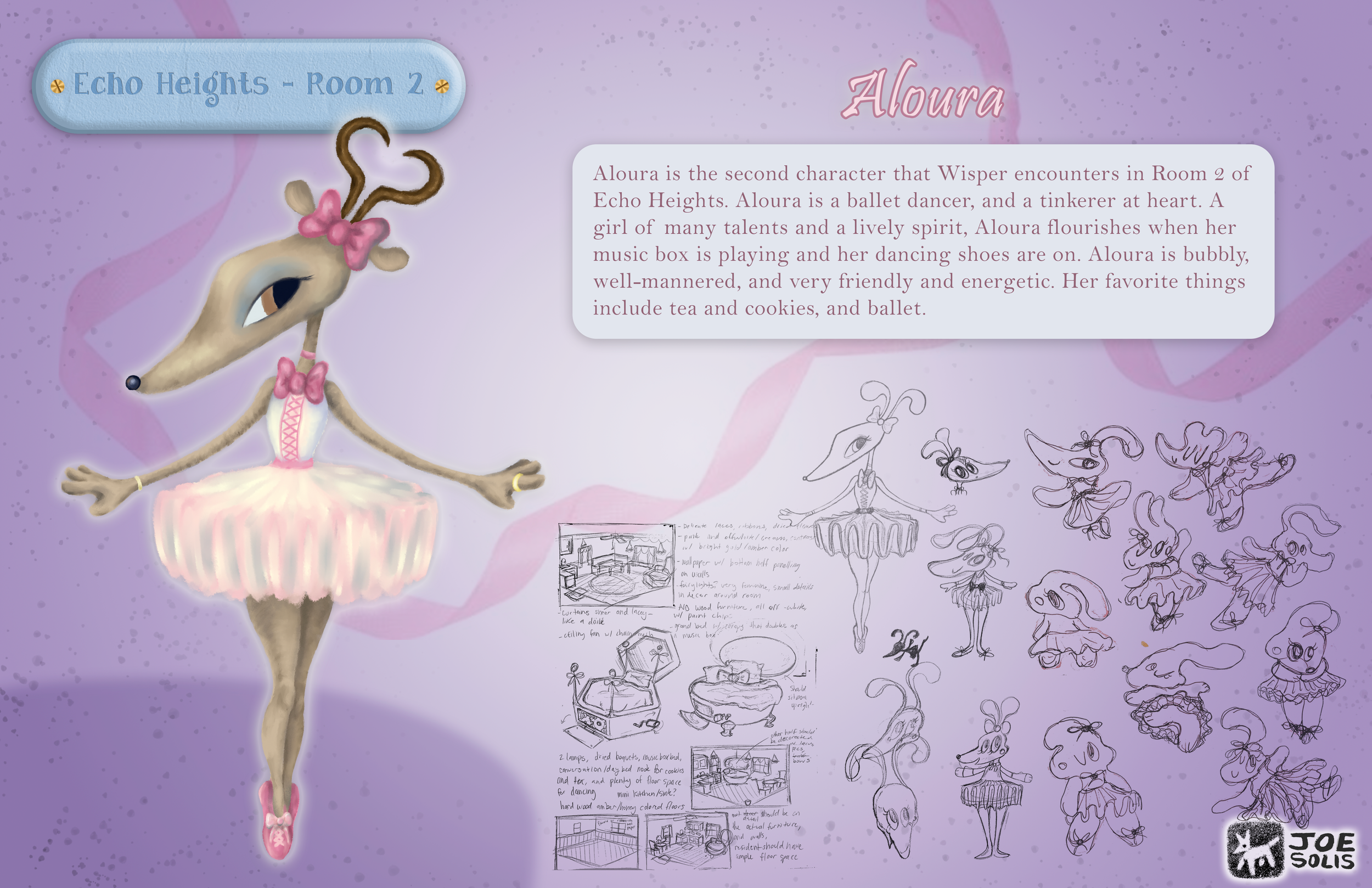 A character named Aloura in ballet attire, with a pink tutu and pink bows, is depicted in ballet pose against a purple background with sketches and design plans related to ballet costumes and stage settings.