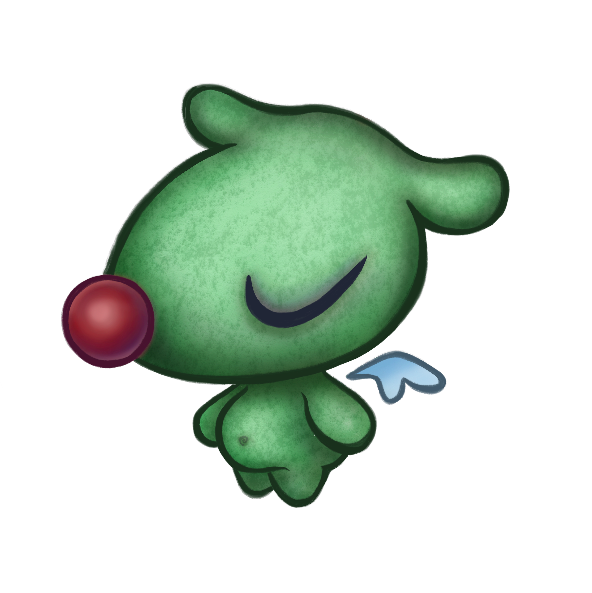 A cartoon green dinosaur with three red balls on the tail and a small white wing on the front leg.