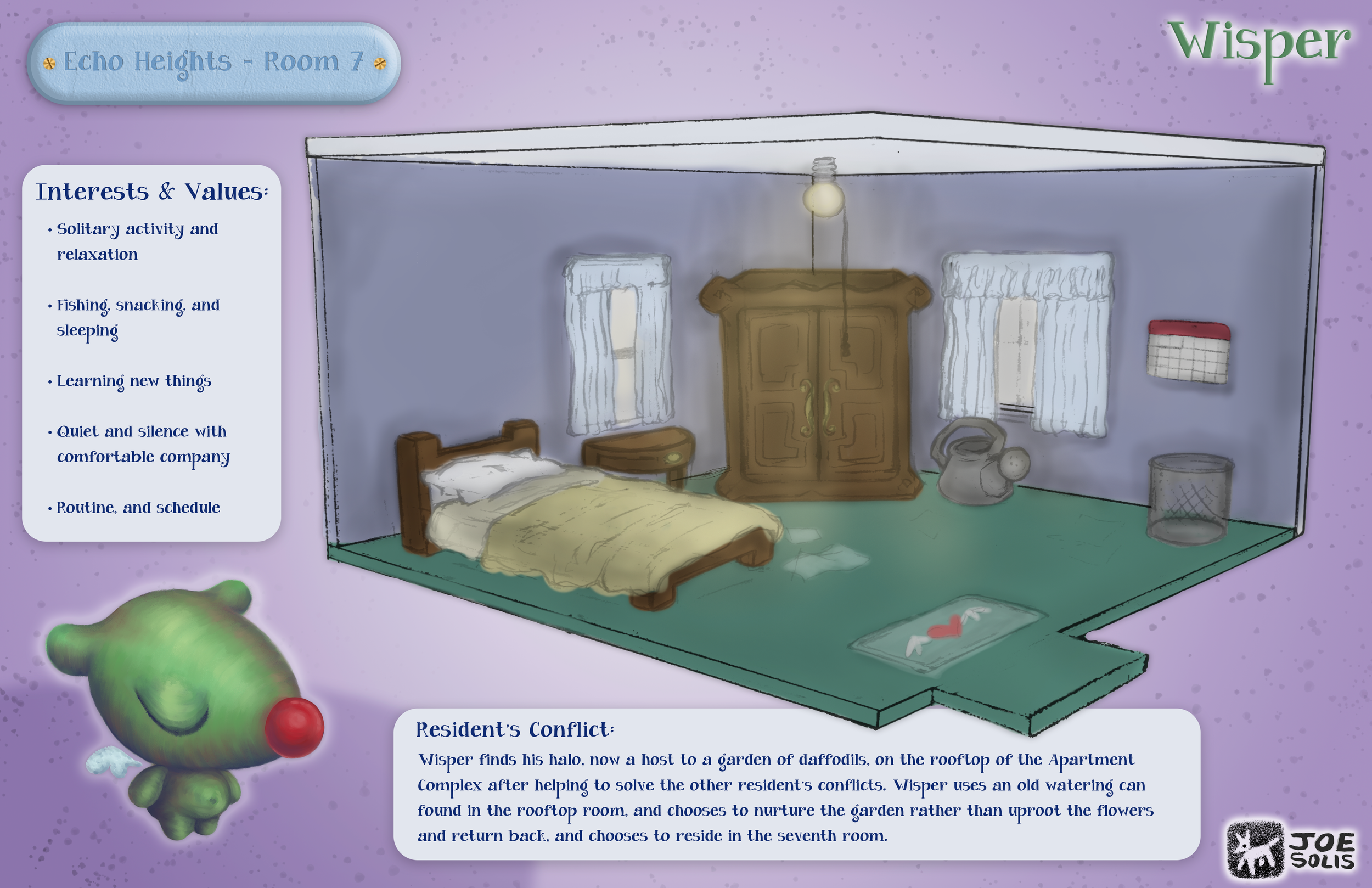 Digital illustration of a bedroom inside a house from the animated series Wisp. The room has a bed, a wardrobe, windows with curtains, a lamp hanging from the ceiling, and a watering can on the floor. The room's color scheme is blue and brown with a 