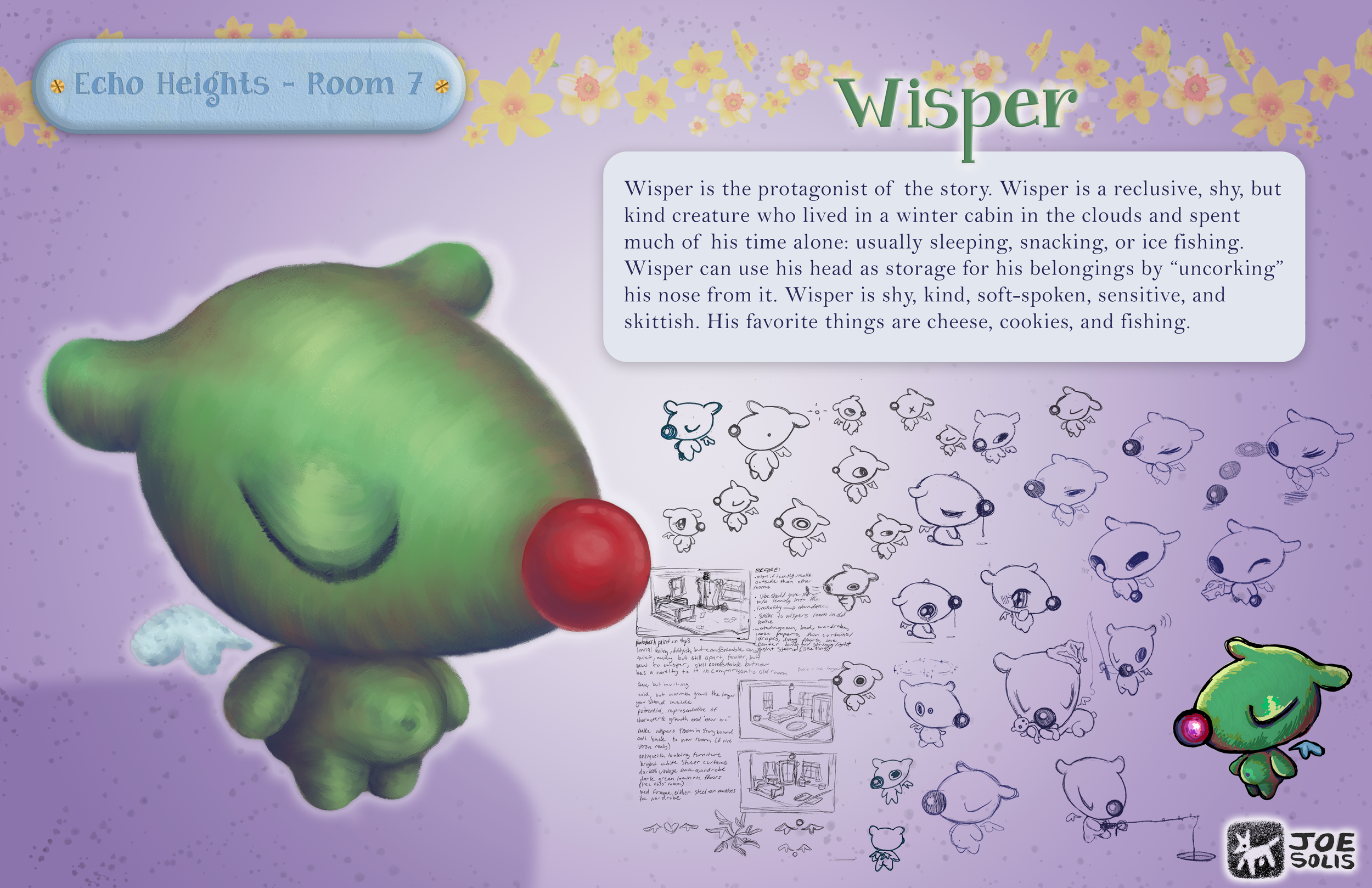 Colorful illustration of a green creature with a red nose, surrounded by sketches of similar creatures and floral decorations, with text about a character named Wisper from Room 7 at Echo Heights.