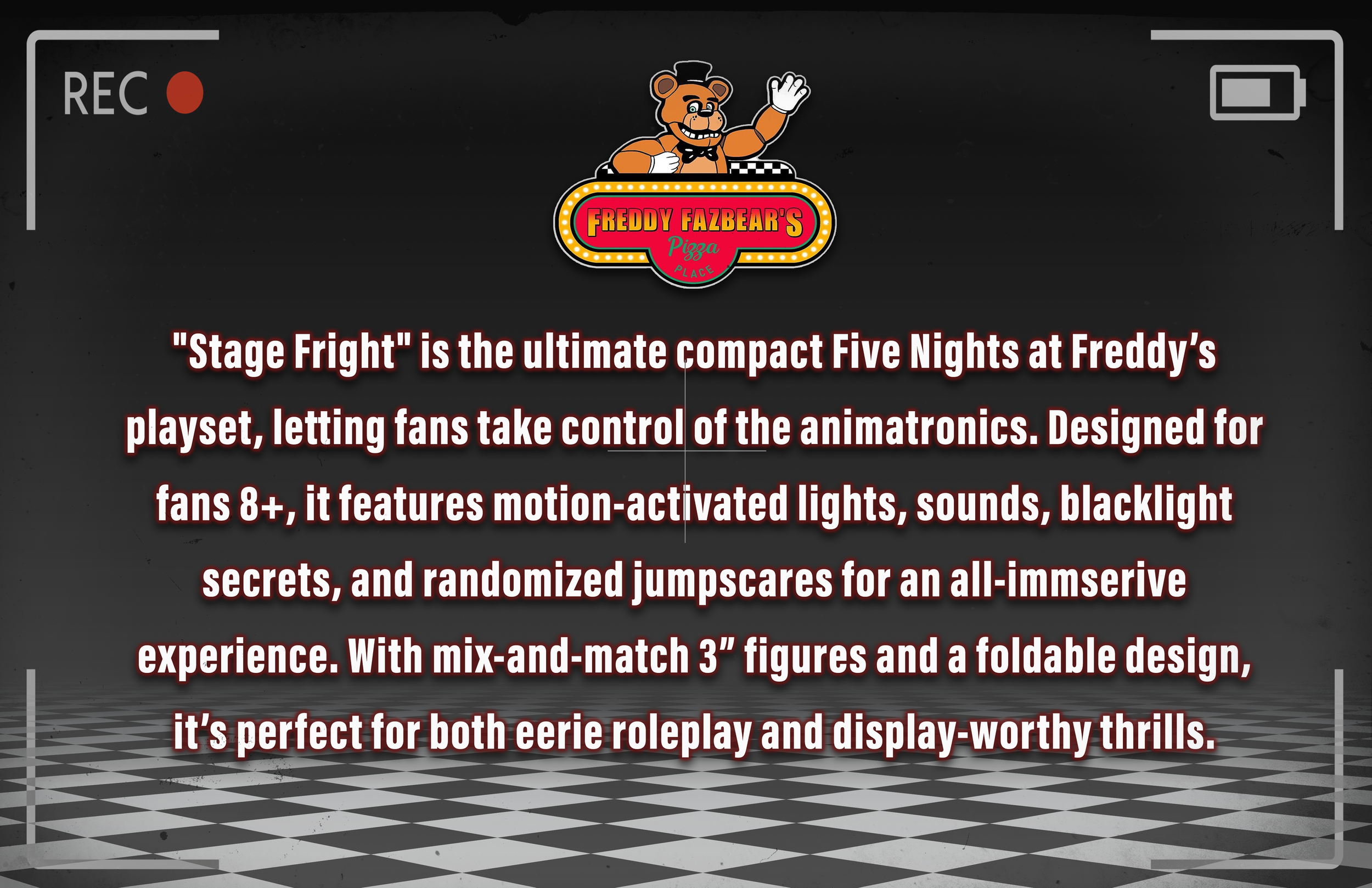 A digital screen with the Freddy Fazbear's Pizza Place logo, featuring a cartoon bear wearing a top hat and bow tie, waving. Below the logo is a paragraph describing a five-night virtual experience called 'Stage Fright' with motion-activated lights, 
