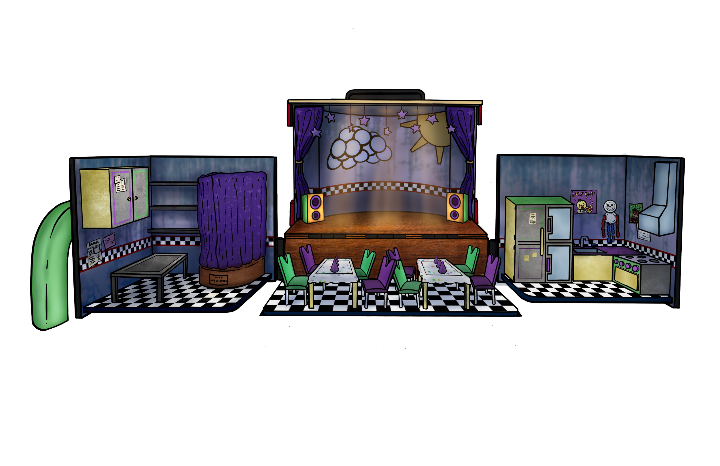 Colorful cartoon-style illustration of an animated indoor playroom with a stage, tables, chairs, kitchen area, and various decorations and equipment along with a slide on the left side.