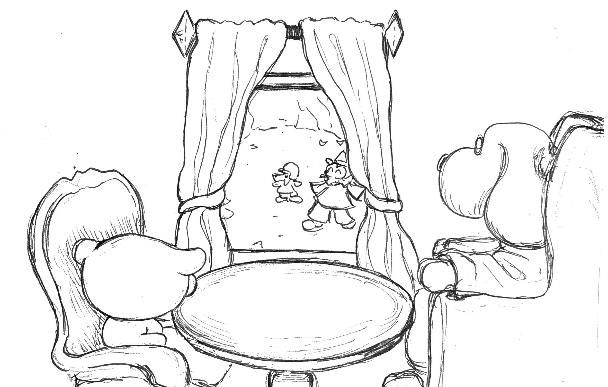 Sketch of a scene viewed through a circular window, showing two characters inside a room with curtains, and surrounded by multiple car seats. One character appears to be a small creature with wings, while the other is a humanoid figure.