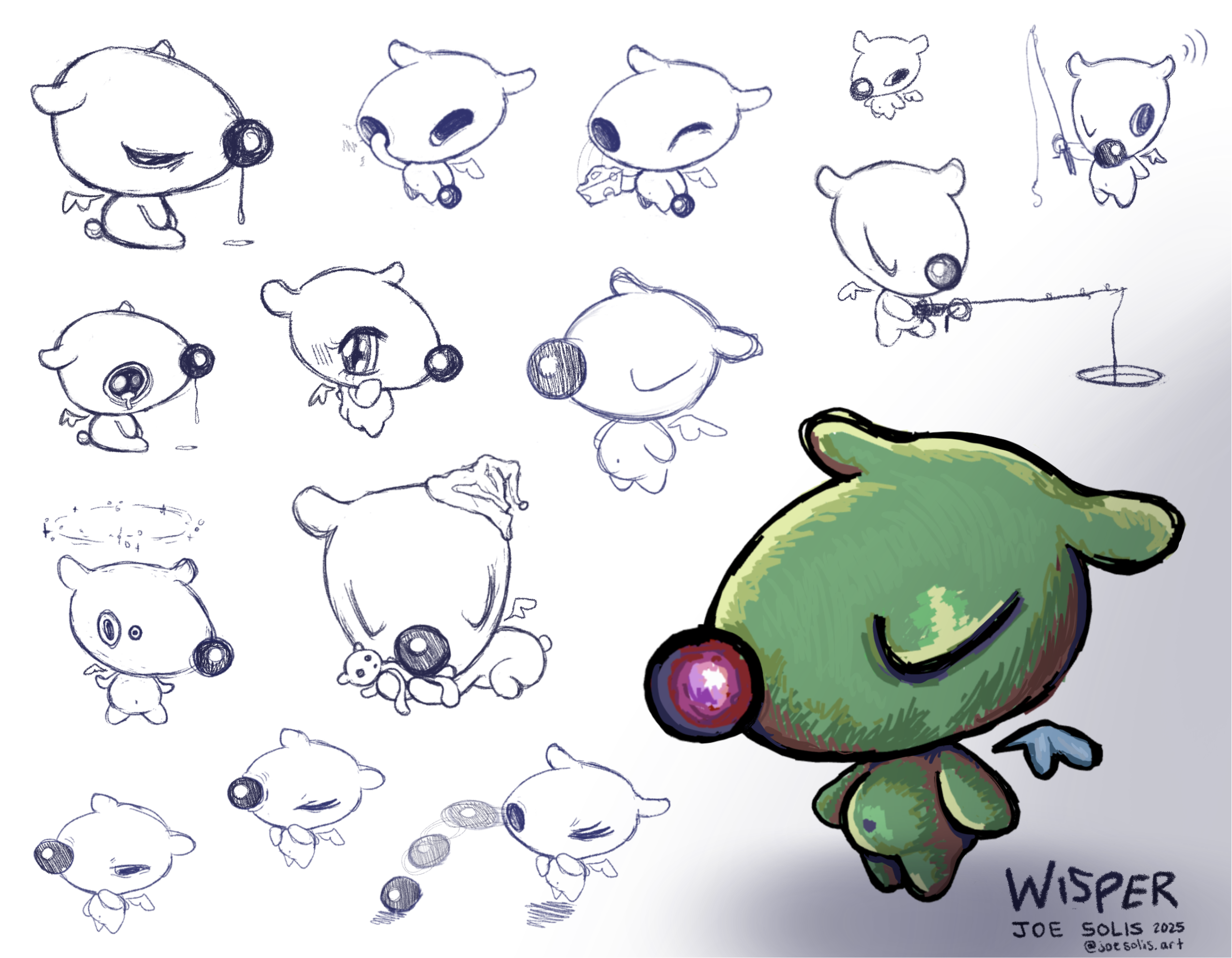A collection of cartoon sketches of a small, cute creature with large eyes and ears, some with accessories like a scarf or glasses. One colored drawing shows the creature holding cherries, and it is signed by Joe Solis.